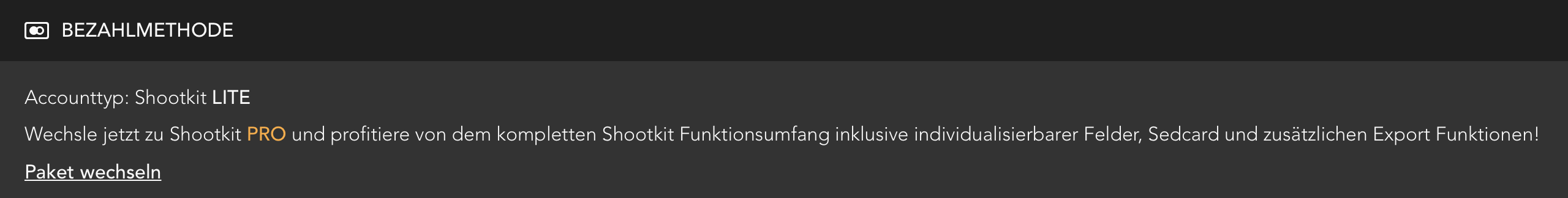 Bereich Bezahlmethode eines Shootkit LITE Accounts