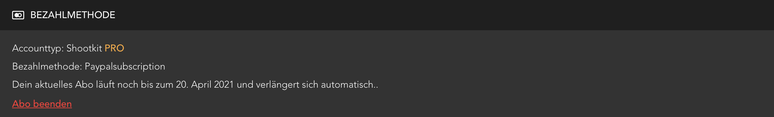 Bereich Bezahlmethode eines aktiven Shootkit PRO Abonnements