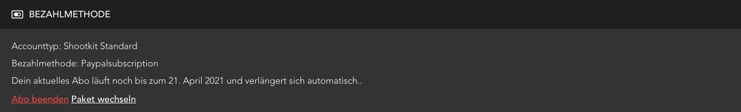 Bereich Bezahlmethode eines Shootkit Standard Accounts mit aktiver Subscription