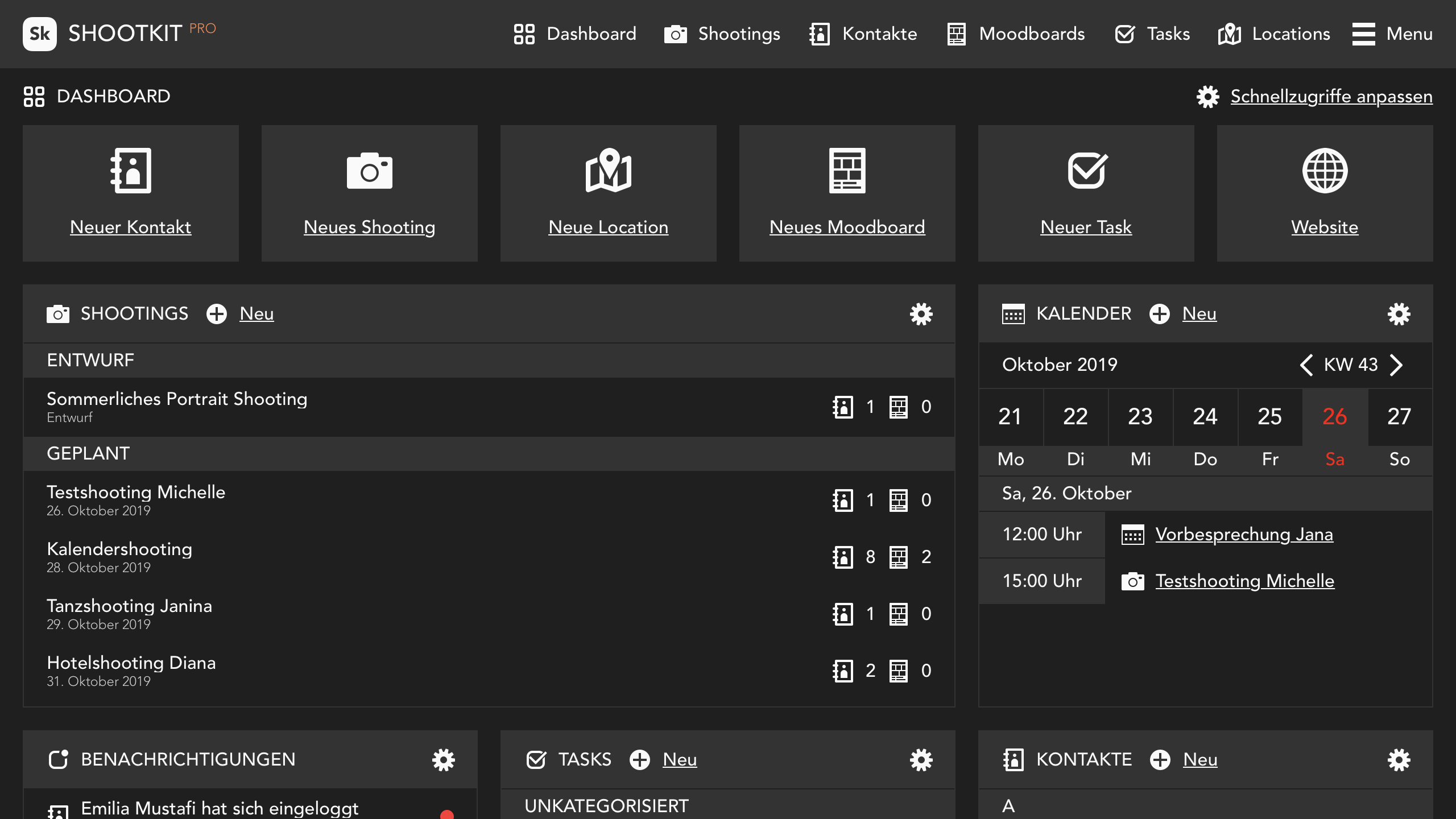 Bild des Shootkit Dashboards