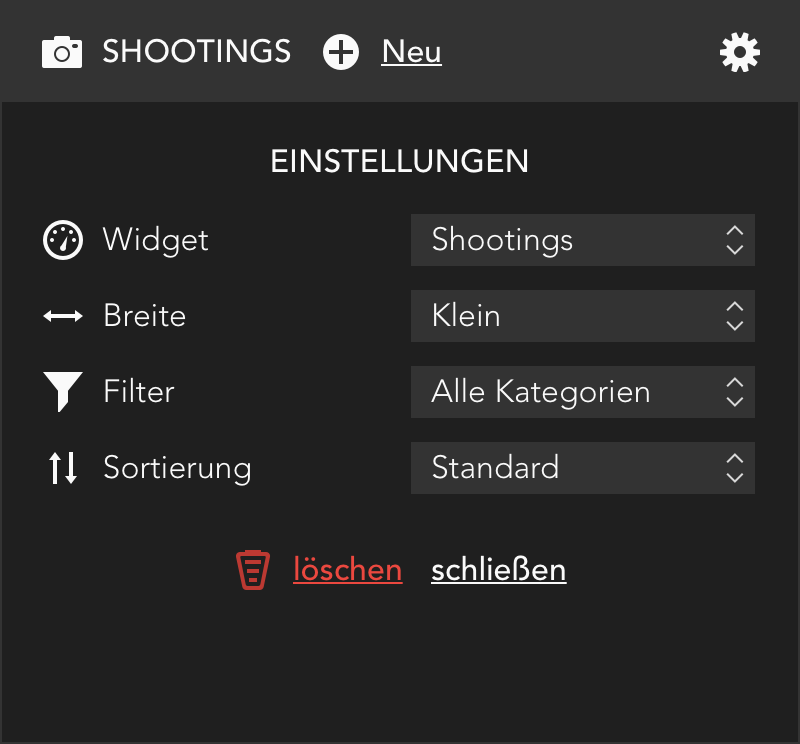 Einstellungs-Ansicht eines Widgets