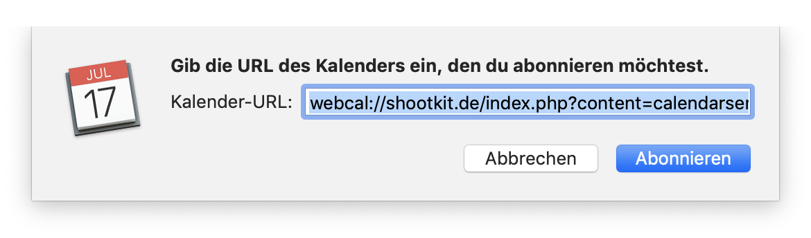 Durch Klick auf Abonnieren wird der Shootkit Kalender abonniert