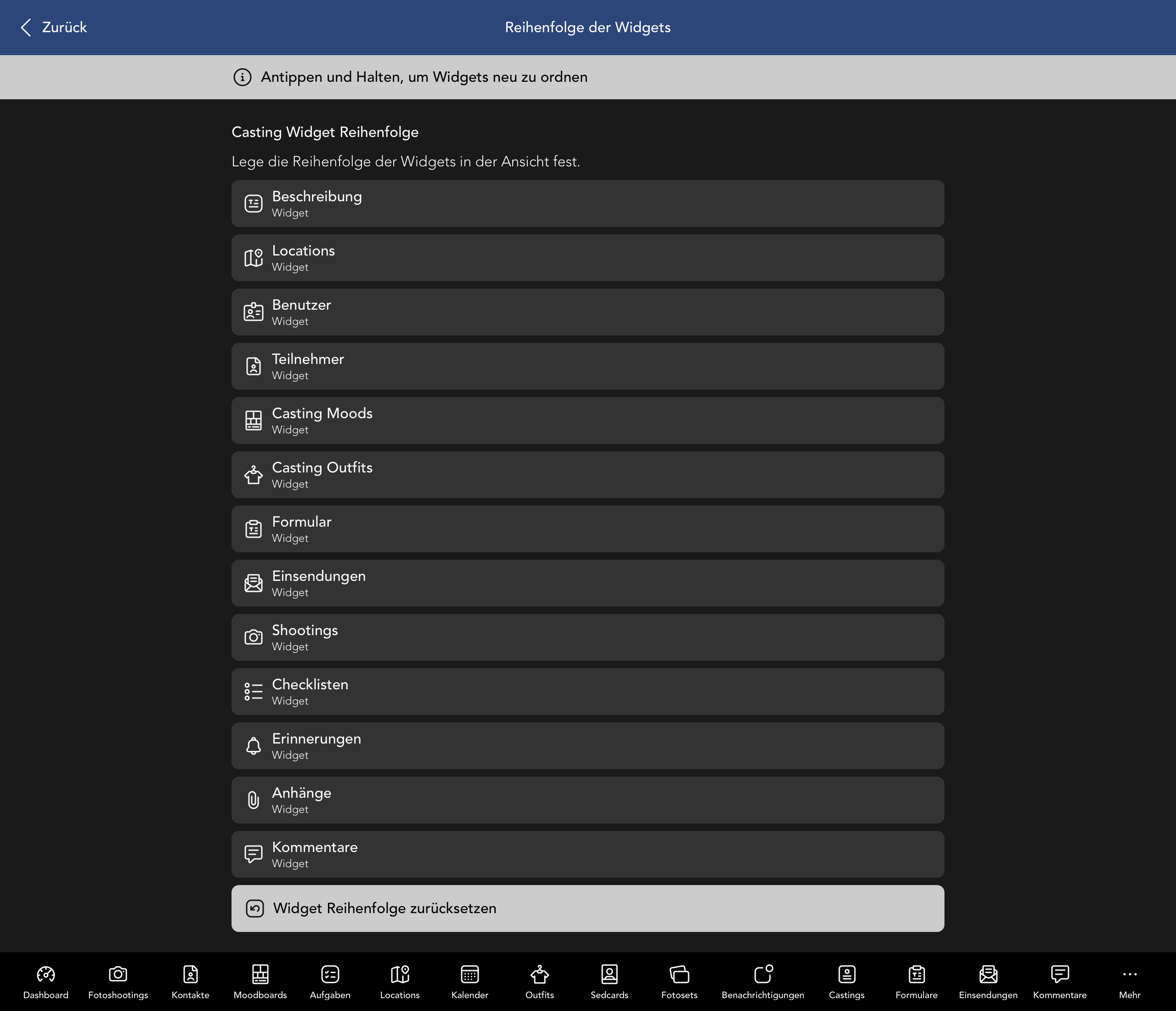 Reihenfolge der Casting Widgets