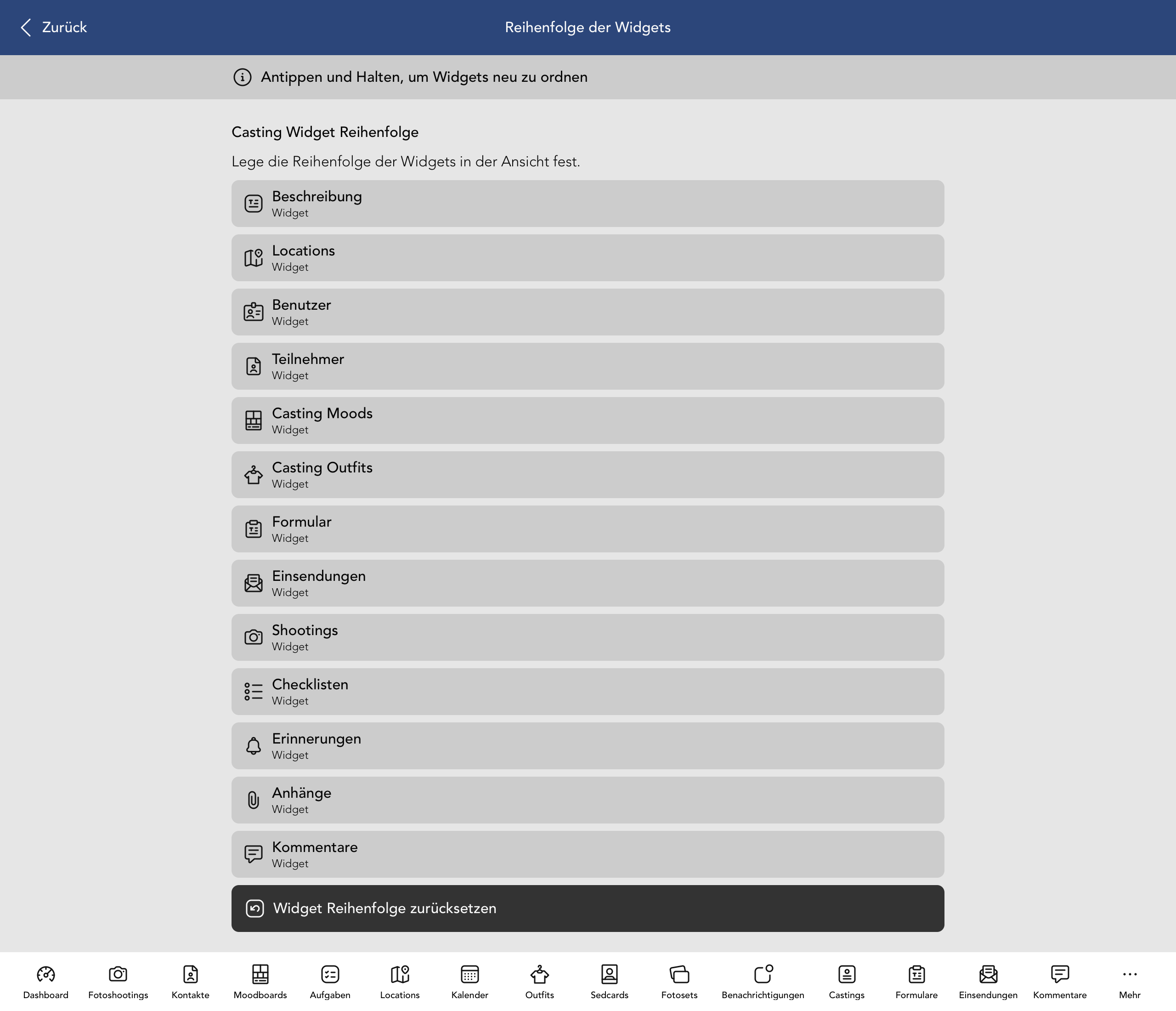Reihenfolge der Casting Widgets