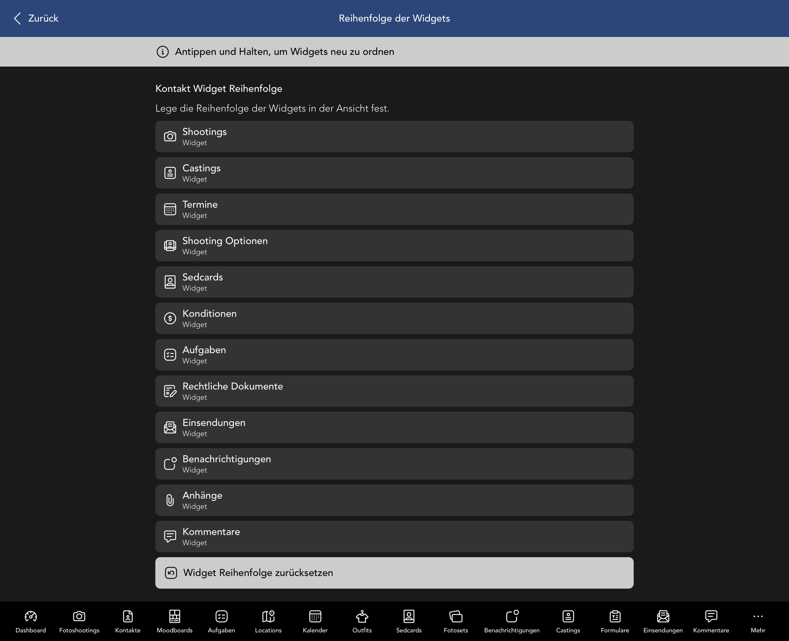 Reihenfolge der Kontakt Widgets