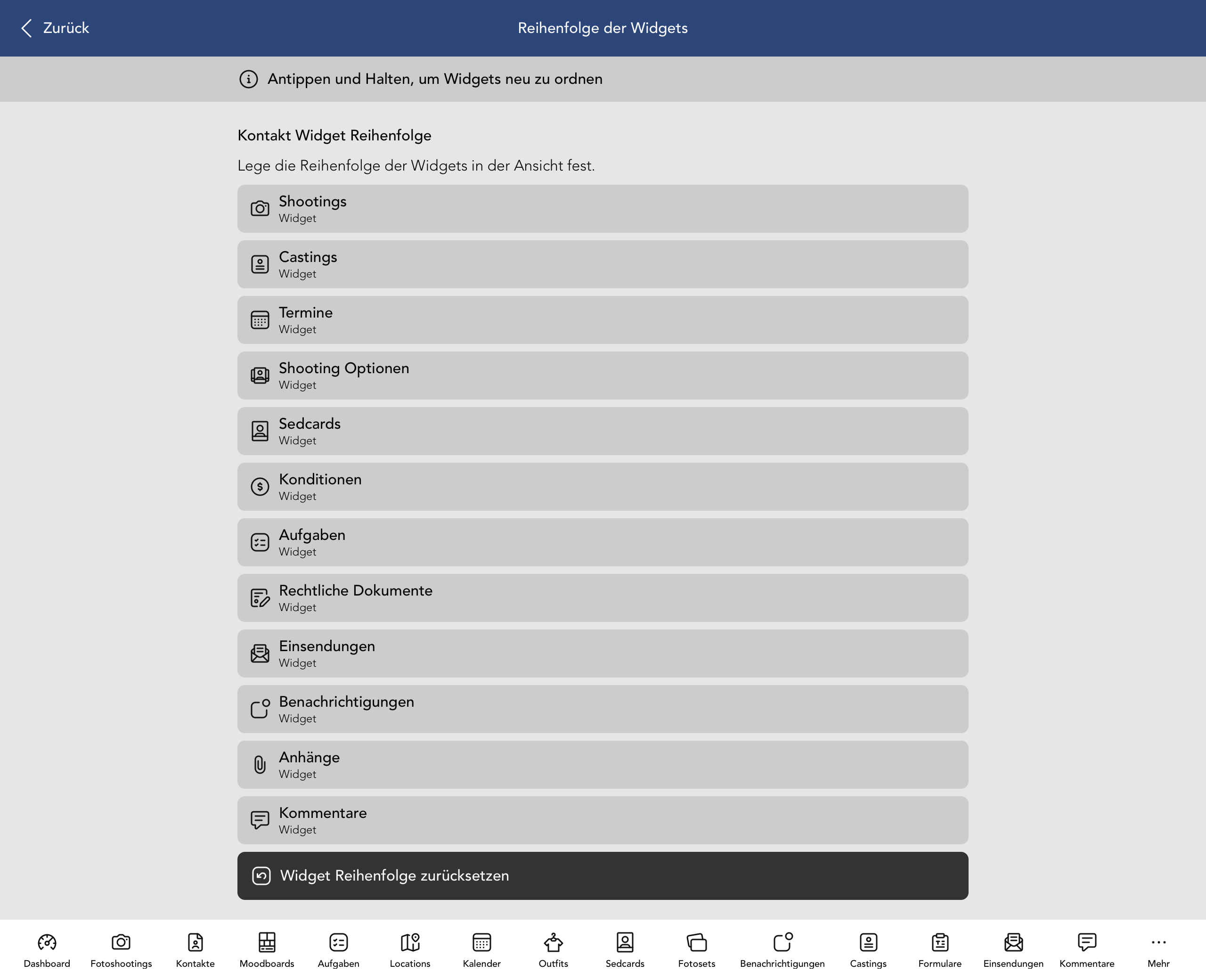 Reihenfolge der Kontakt Widgets