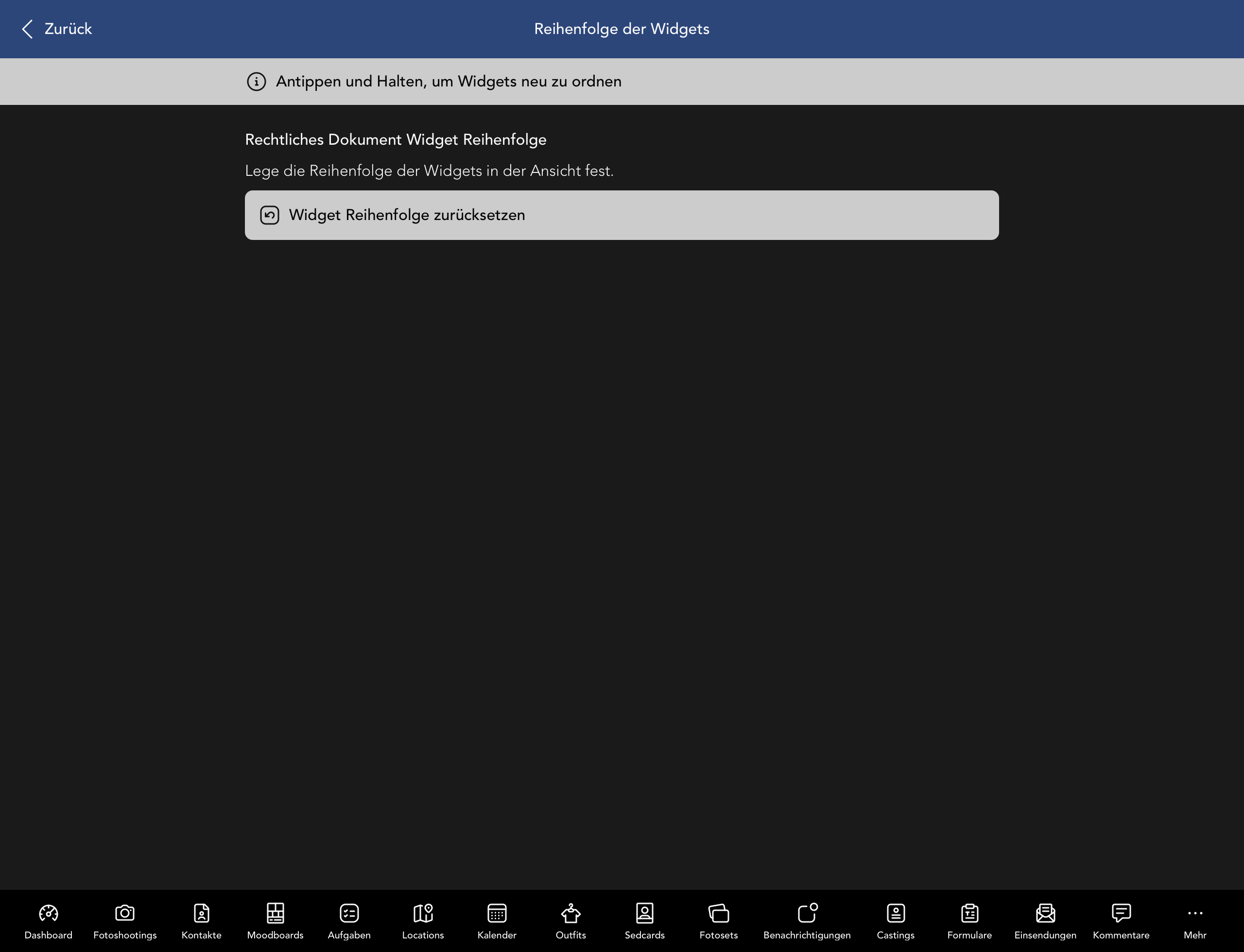 Reihenfolge der Vertrag Widgets