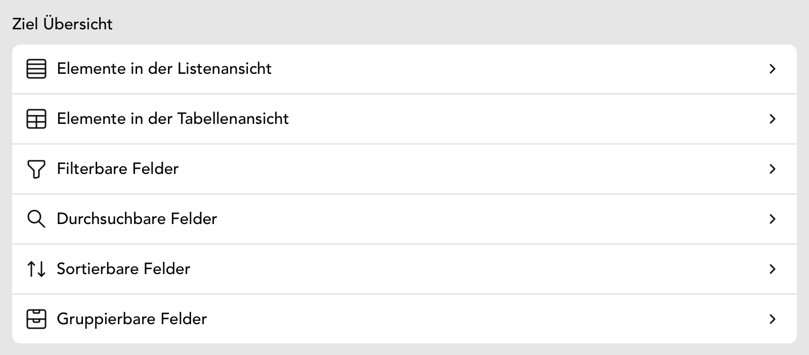 Einstellungen für die Ziel Übersicht