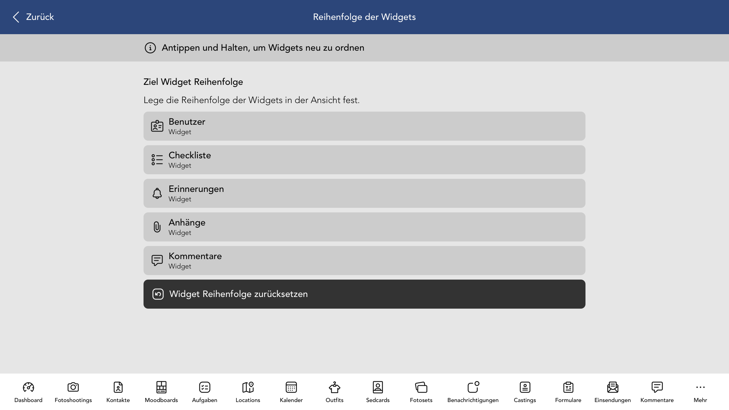 Reihenfolge der Ziel Widgets