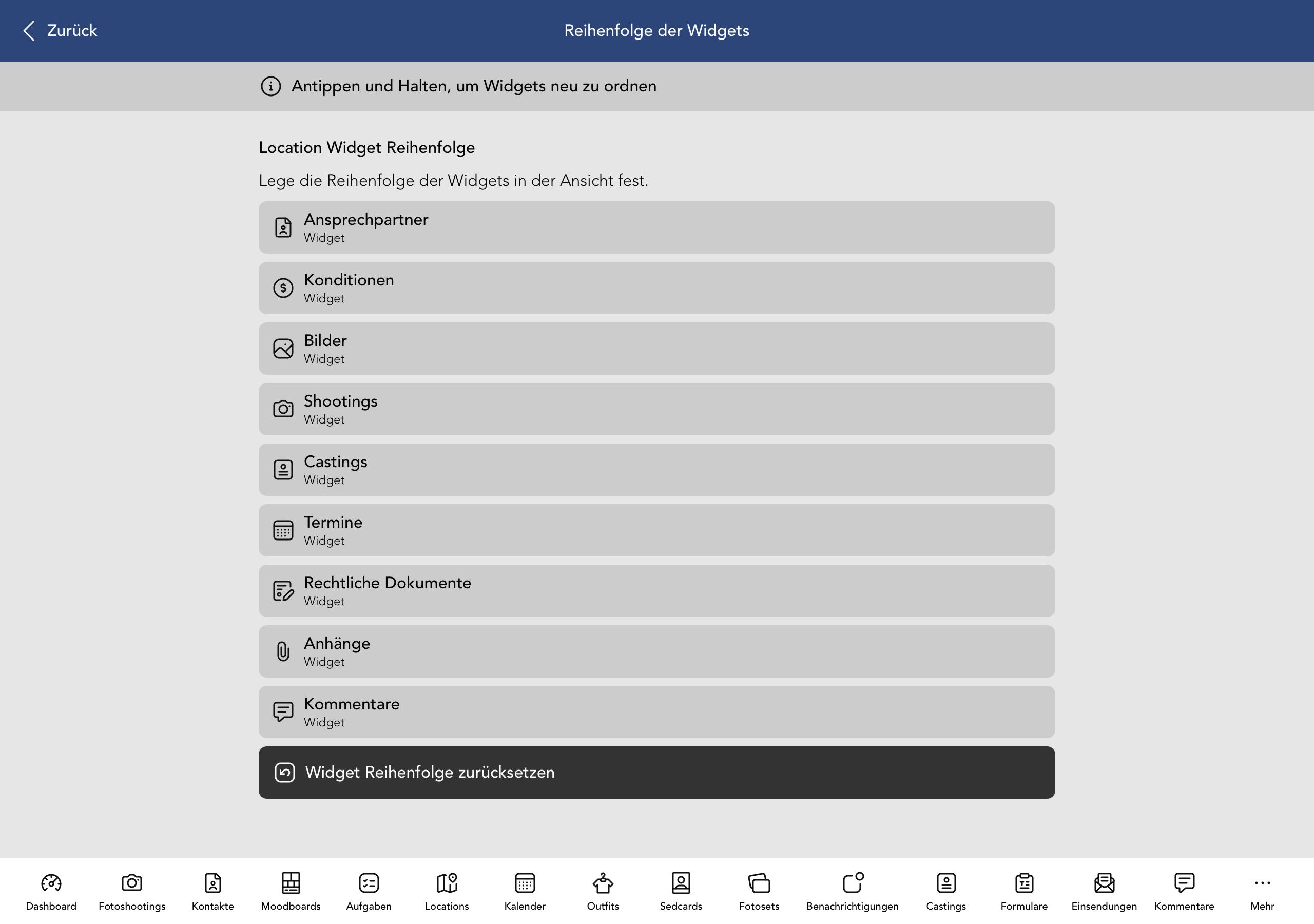 Reihenfolge der Location Widgets