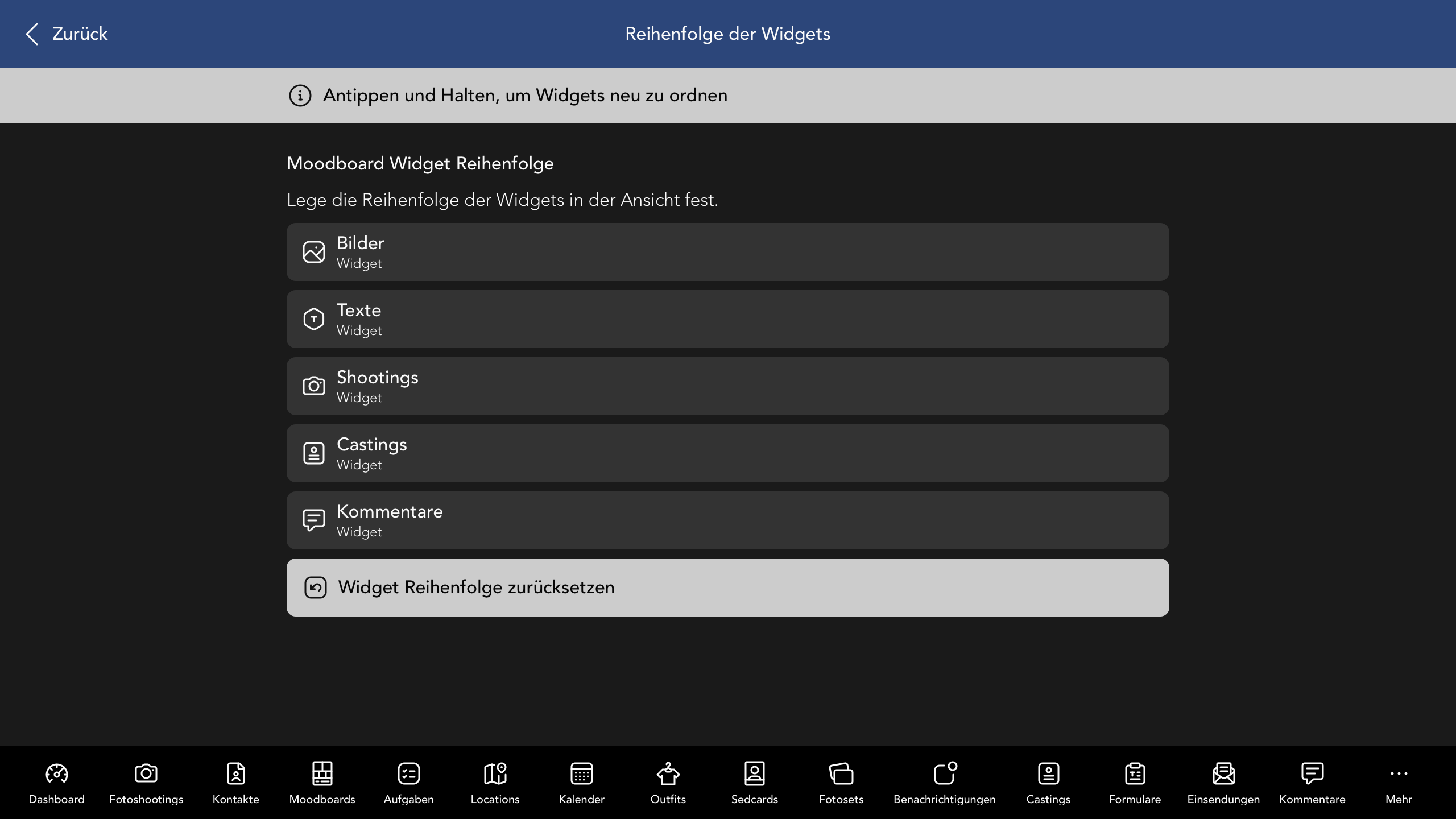 Reihenfolge der Moodboard Widgets