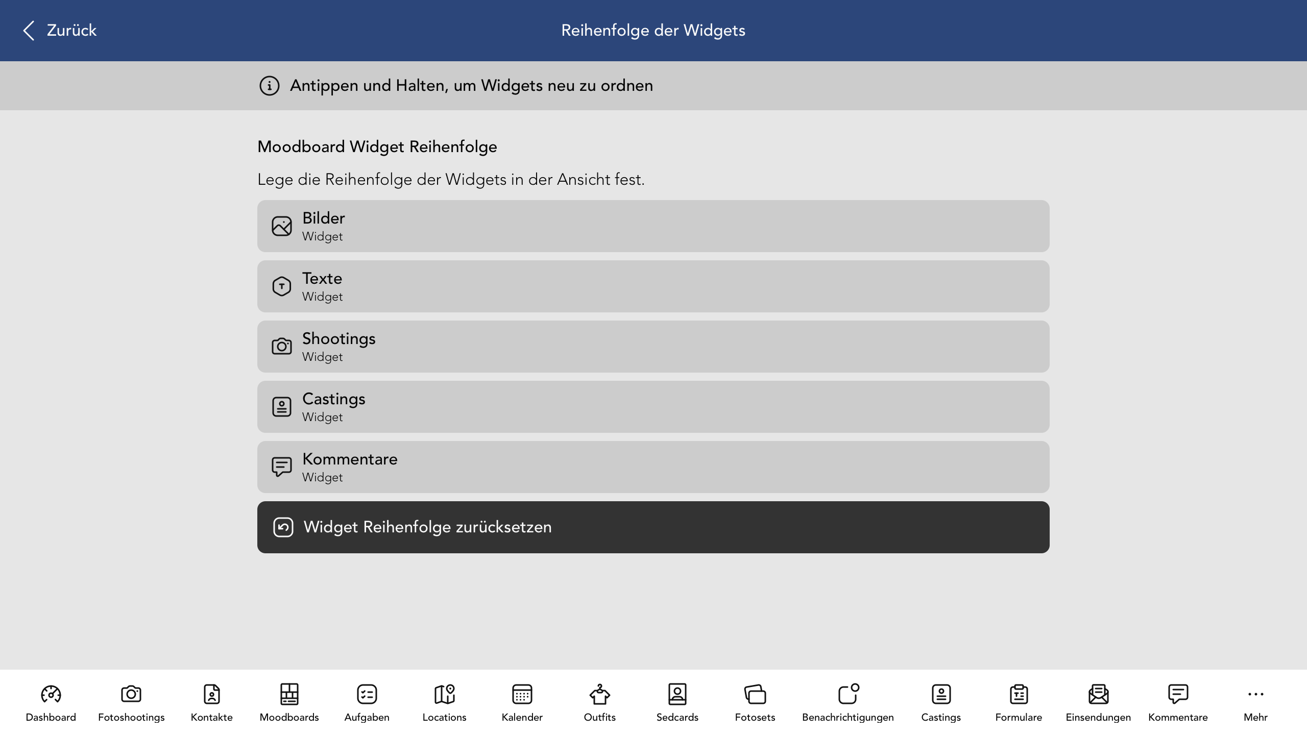 Reihenfolge der Moodboard Widgets