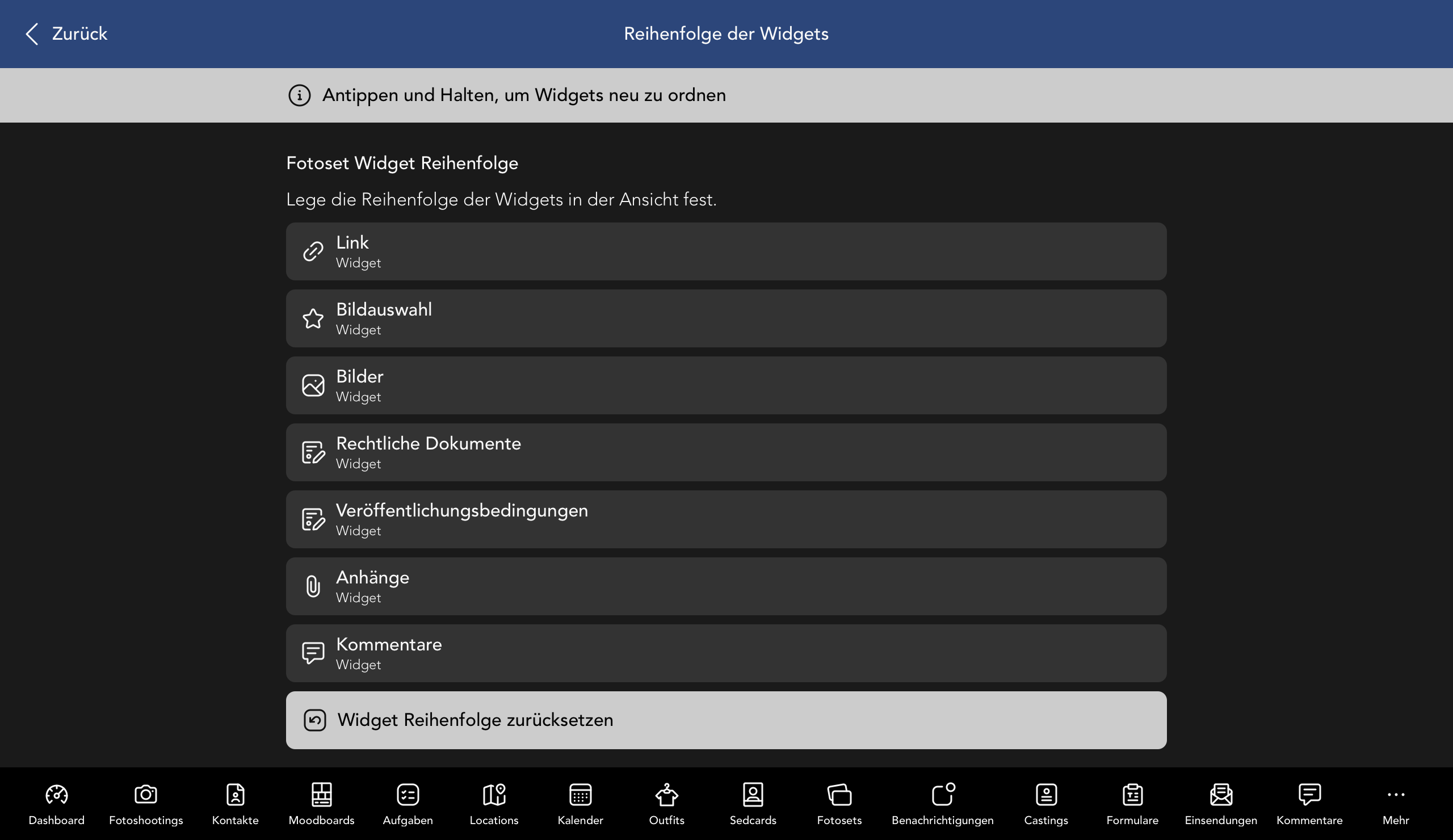 Reihenfolge der Fotoset Widgets