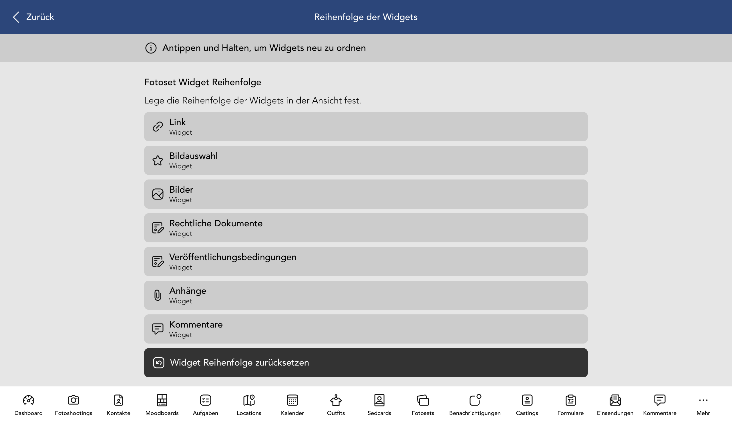 Reihenfolge der Fotoset Widgets
