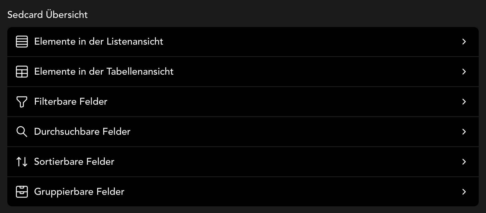 Einstellungen für die Sedcard Übersicht
