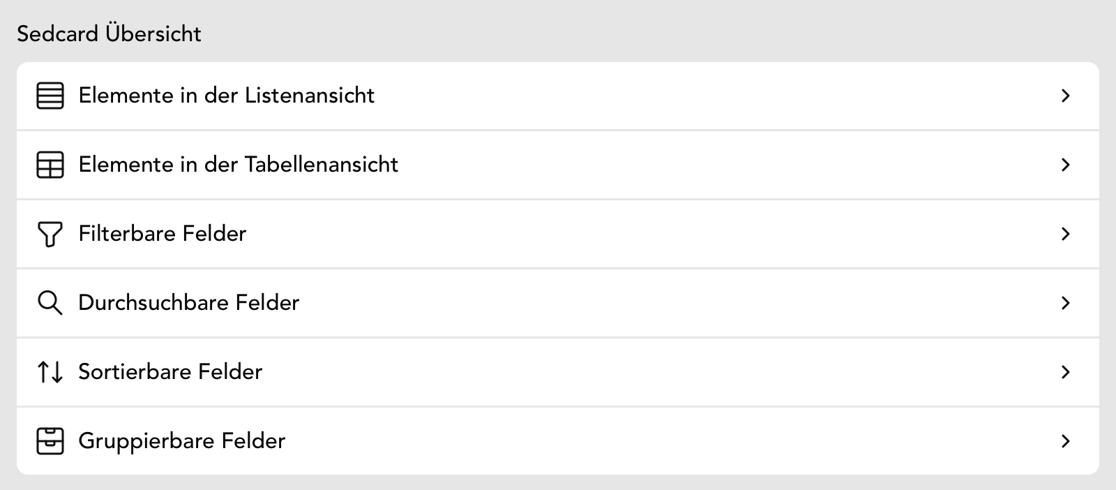 Einstellungen für die Sedcard Übersicht