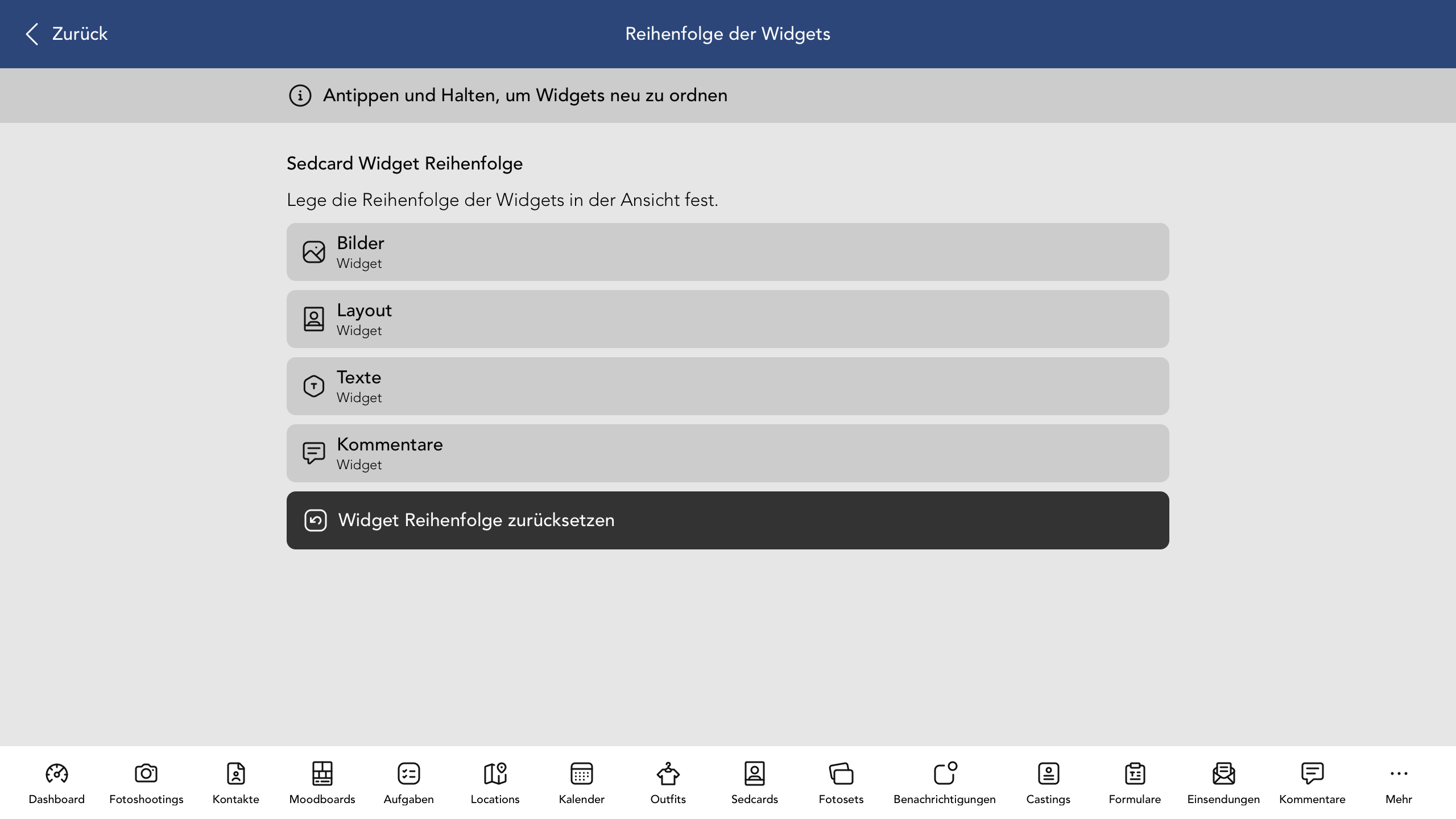 Reihenfolge der Sedcard Widgets