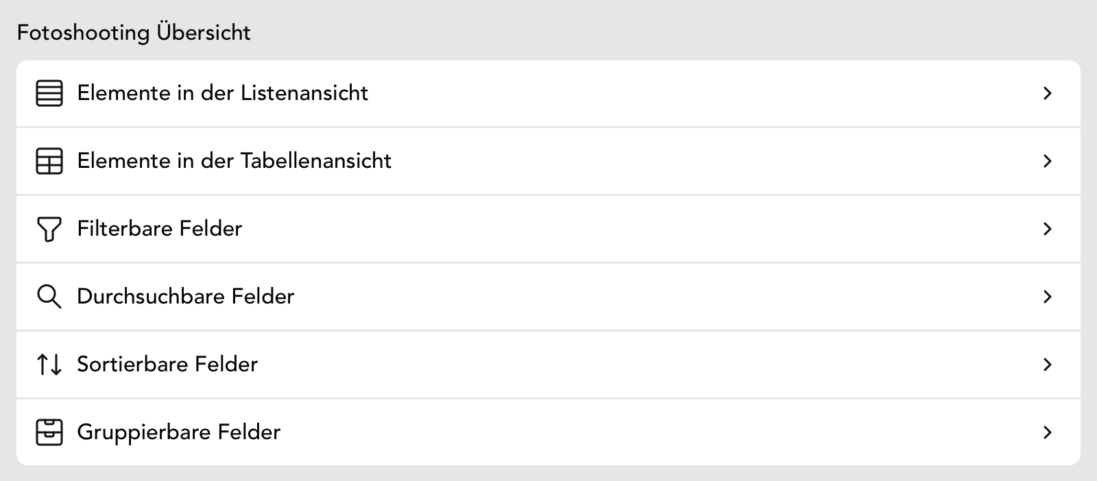 Einstellungen für die Fotoshooting Übersicht