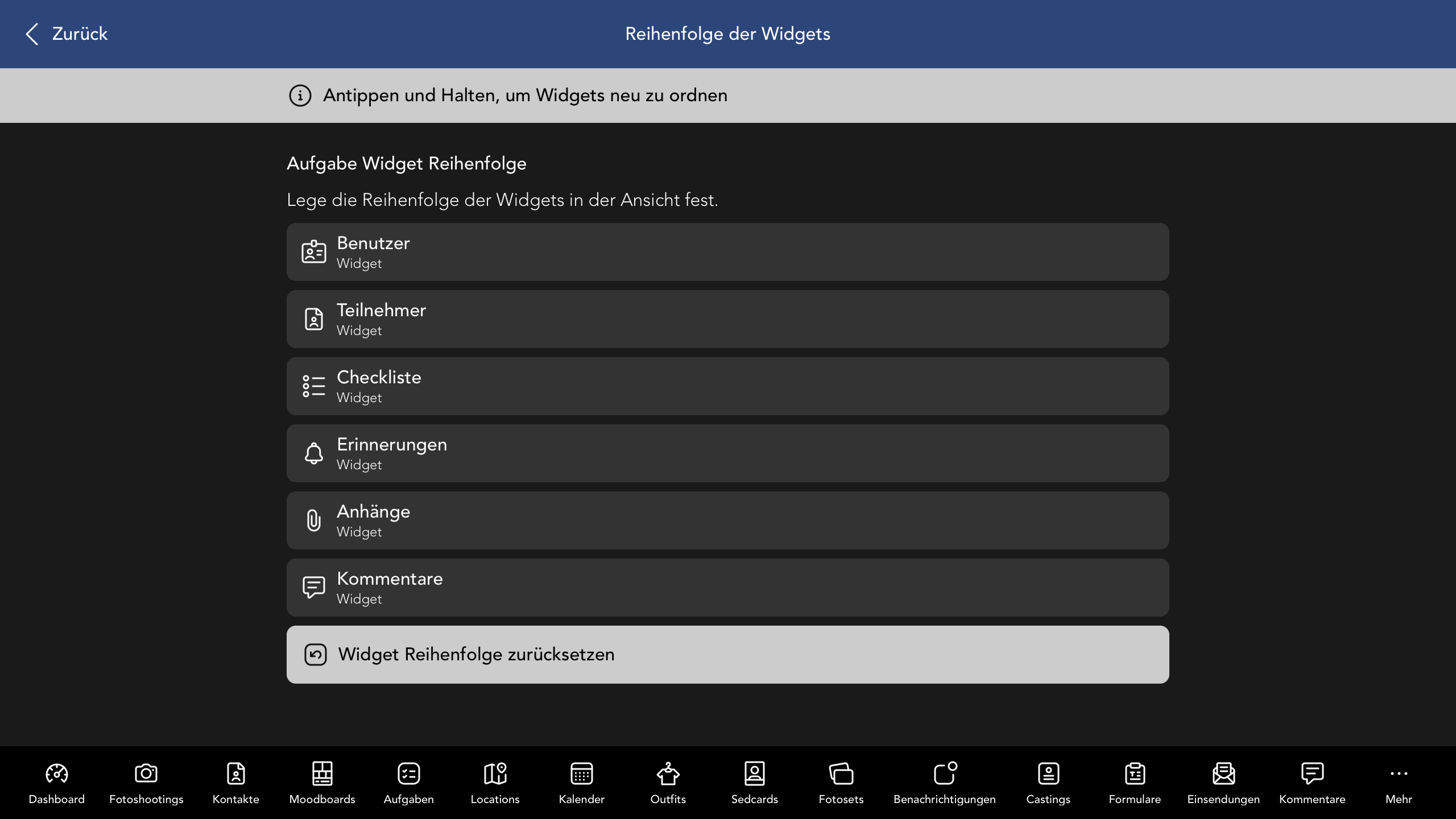 Reihenfolge der Aufgabe Widgets