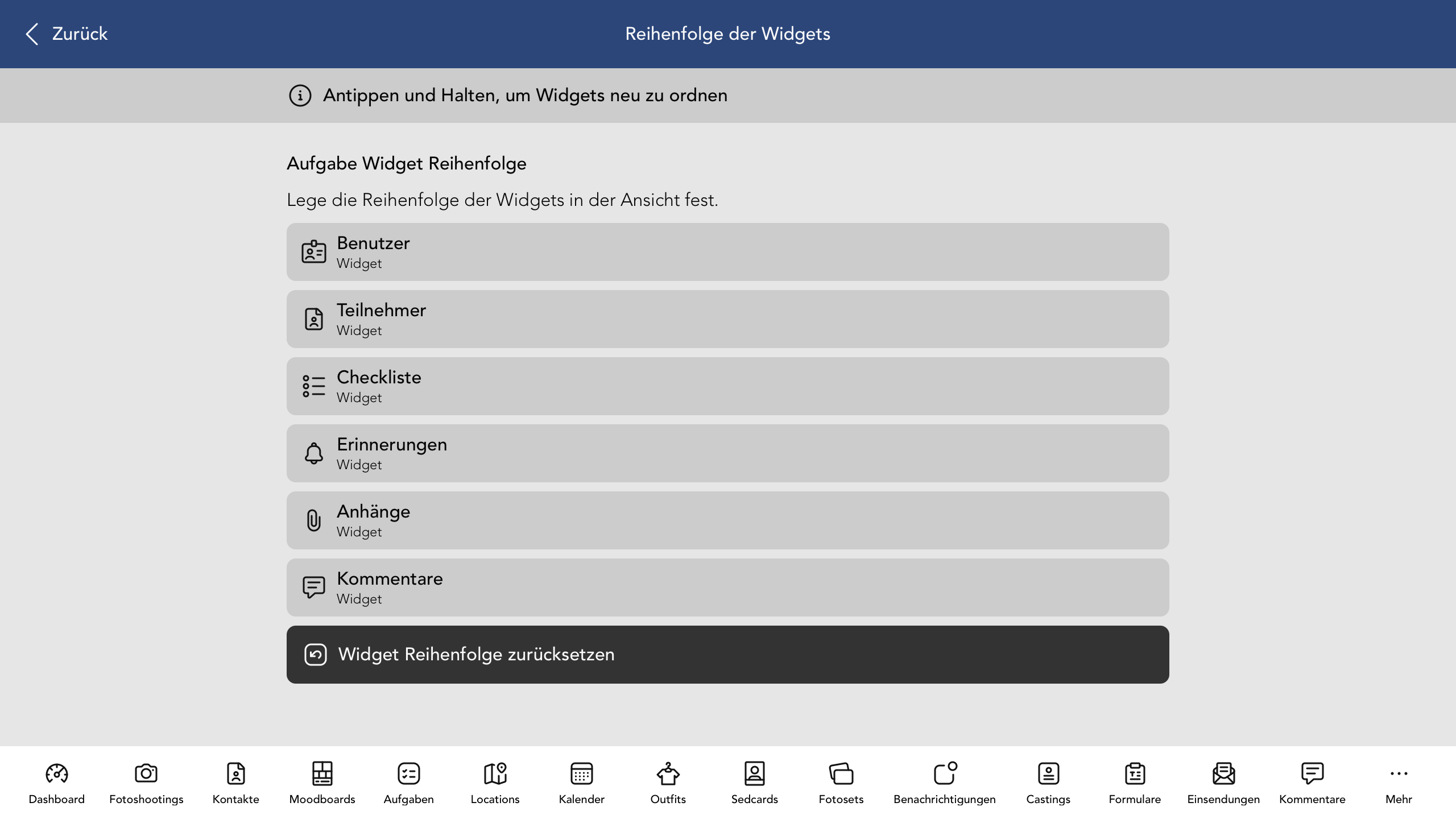 Reihenfolge der Aufgabe Widgets