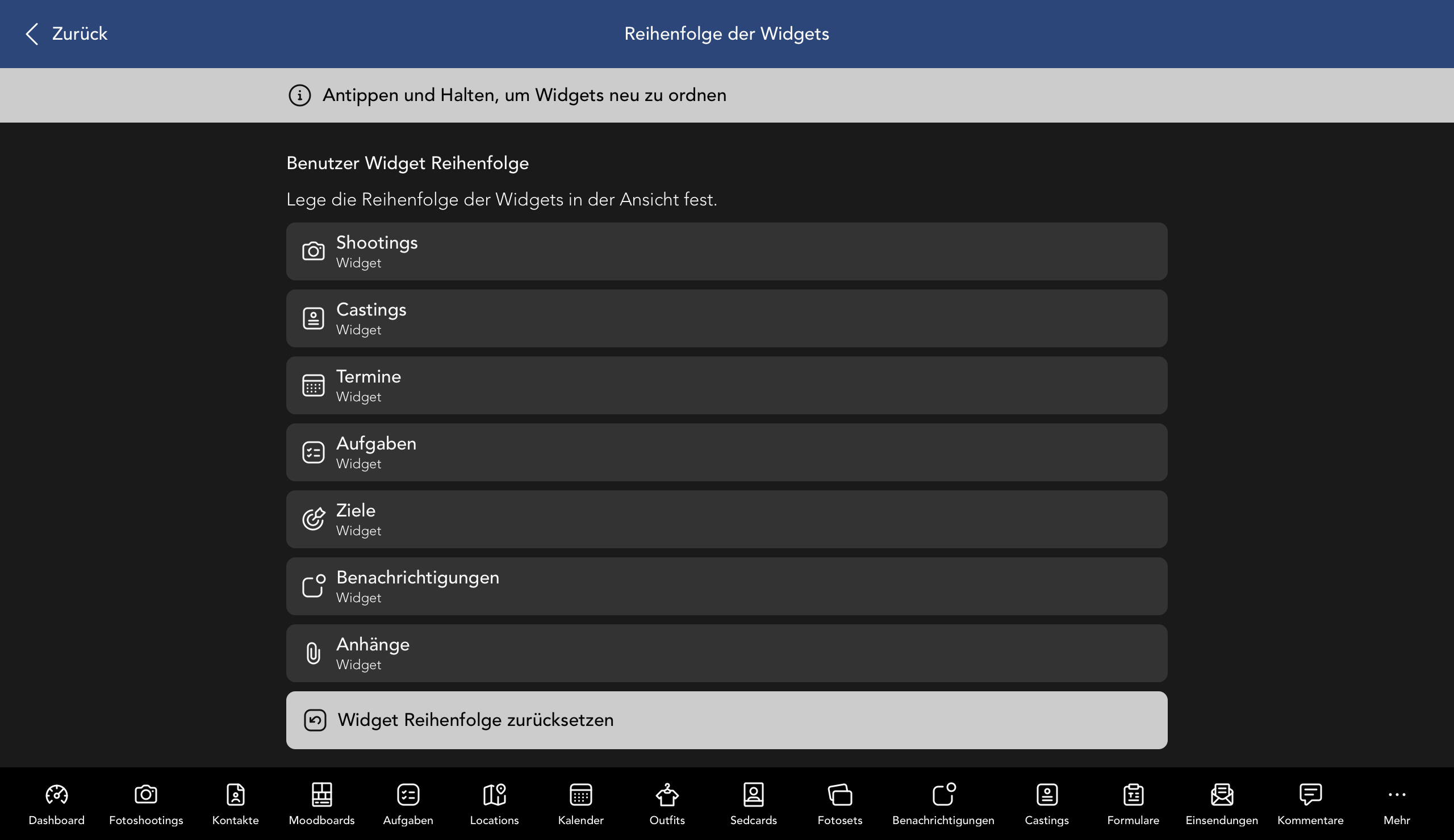 Reihenfolge der Nutzer Widgets