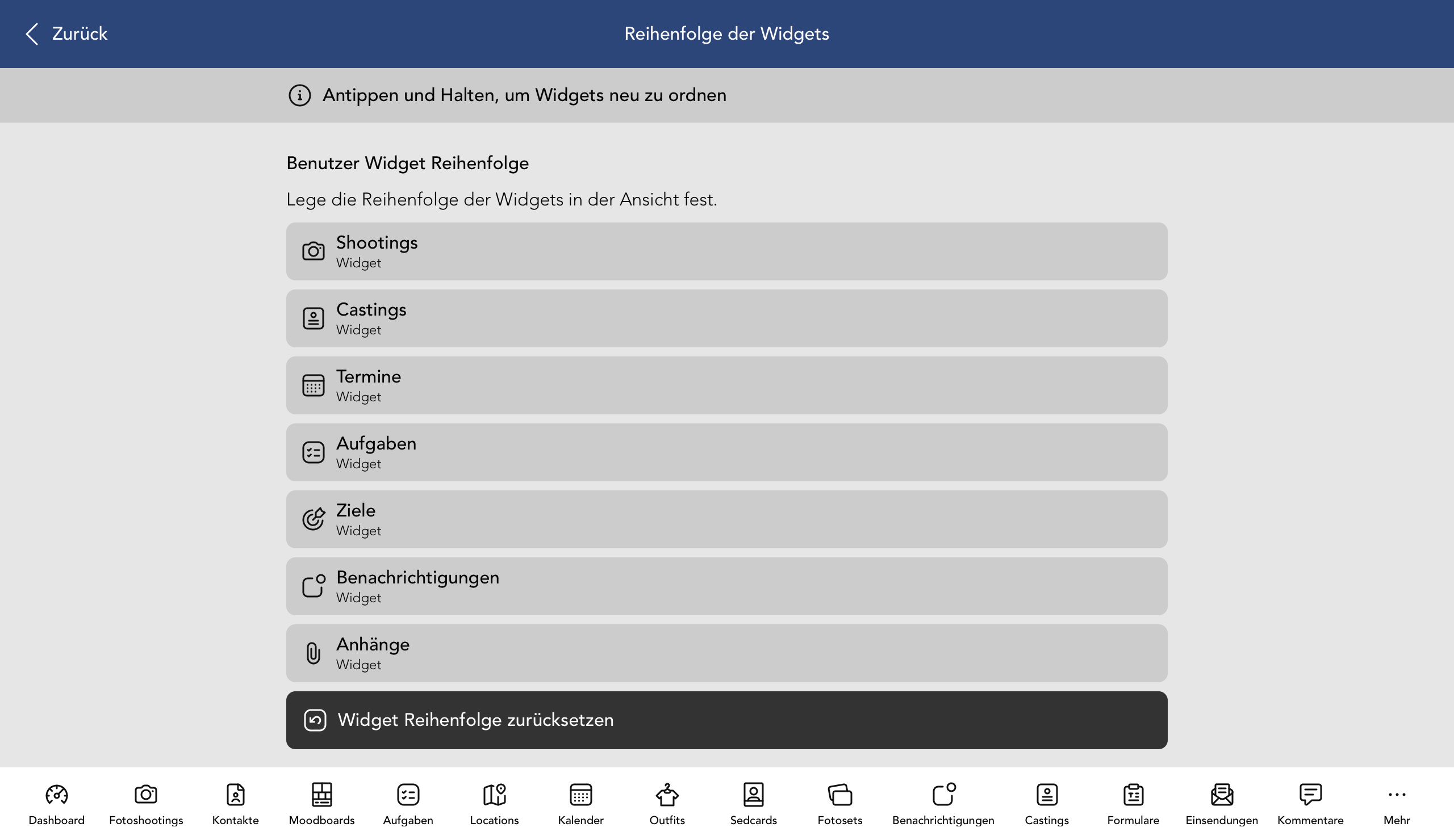 Reihenfolge der Nutzer Widgets