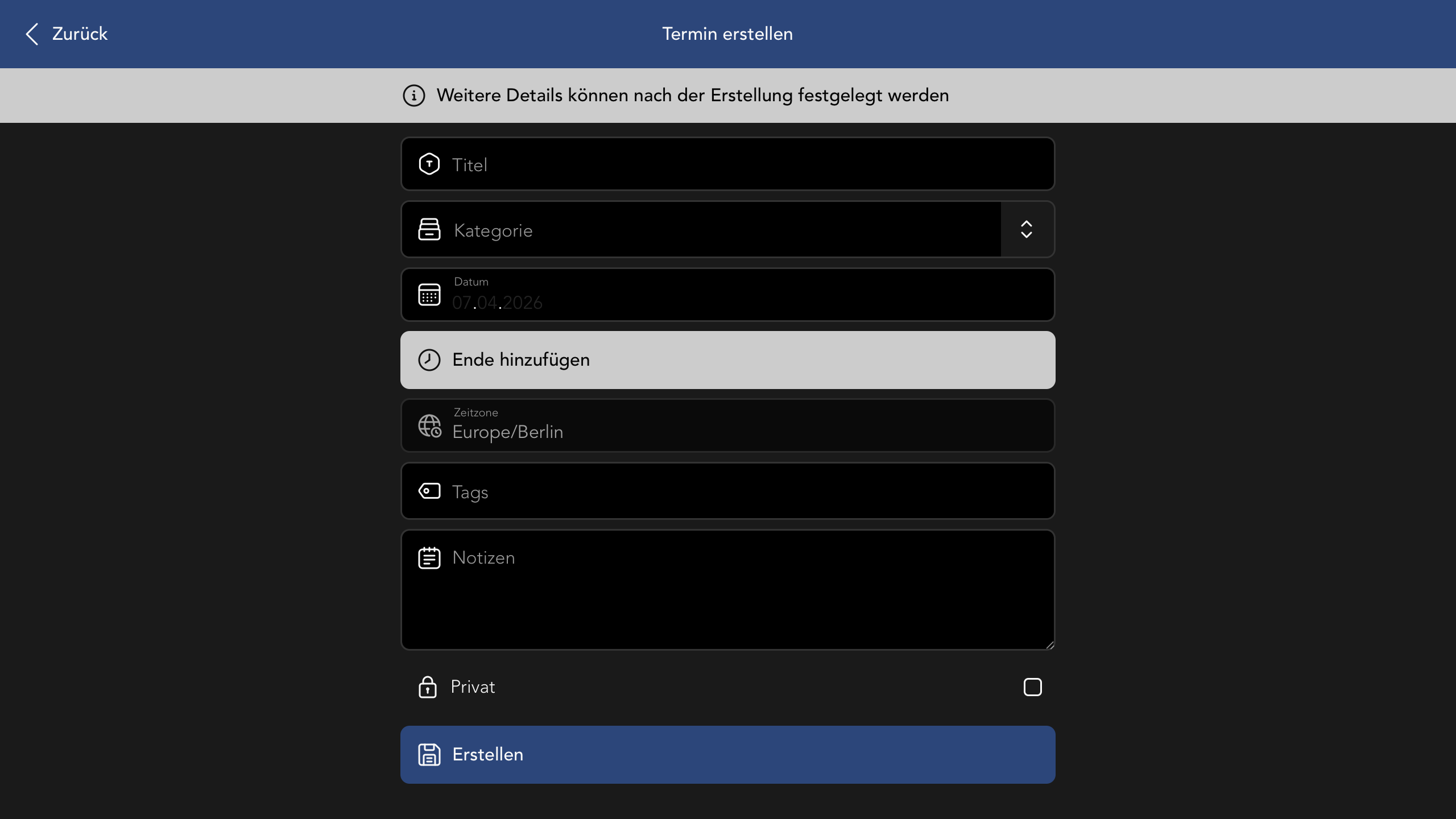 Ansicht zum Erstellen eines neuen Termins