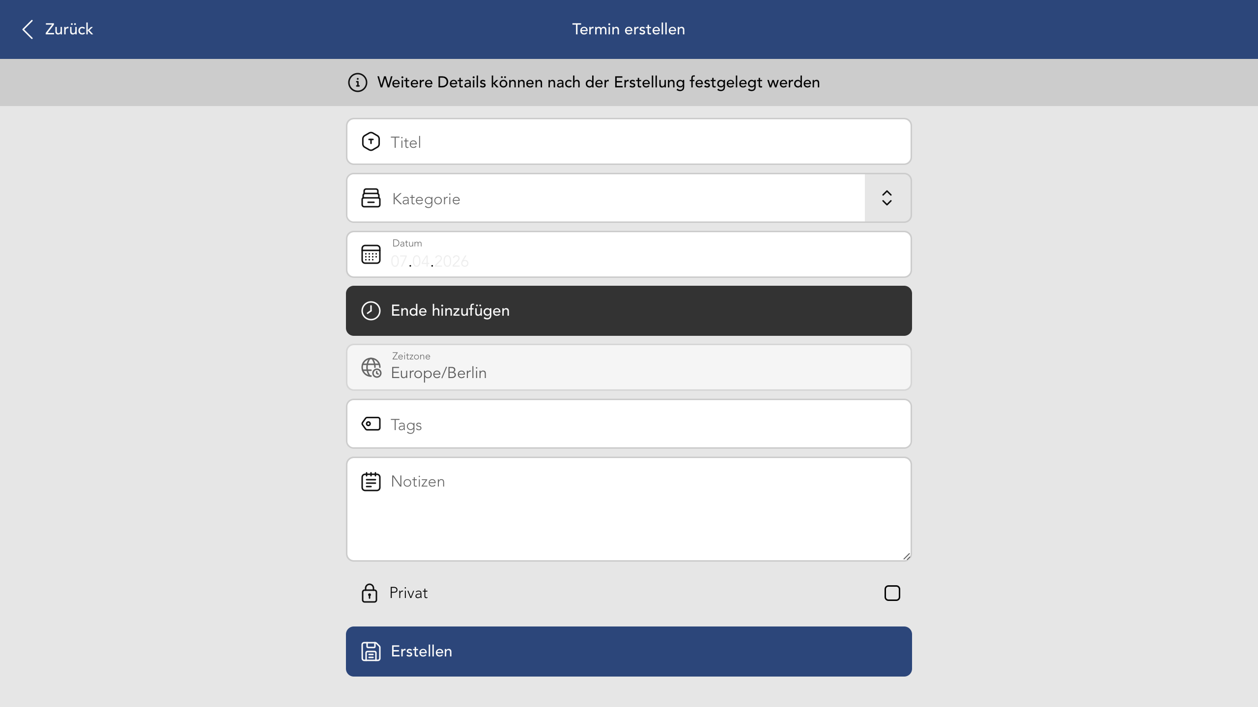 Ansicht zum Erstellen eines neuen Termins