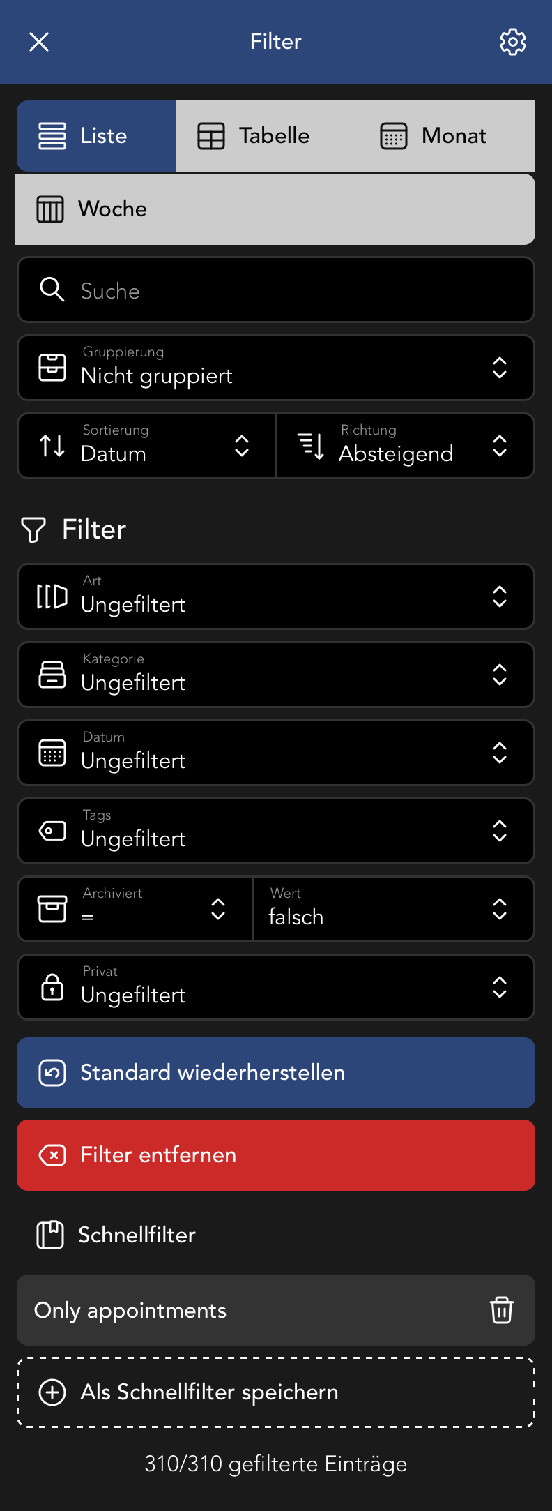 Filter Menu in der Termin Übersicht