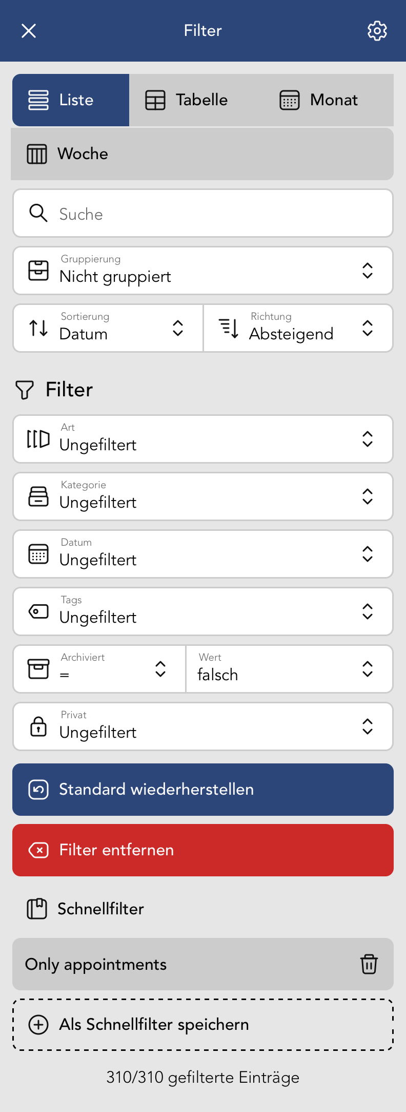 Filter Menu in der Termin Übersicht
