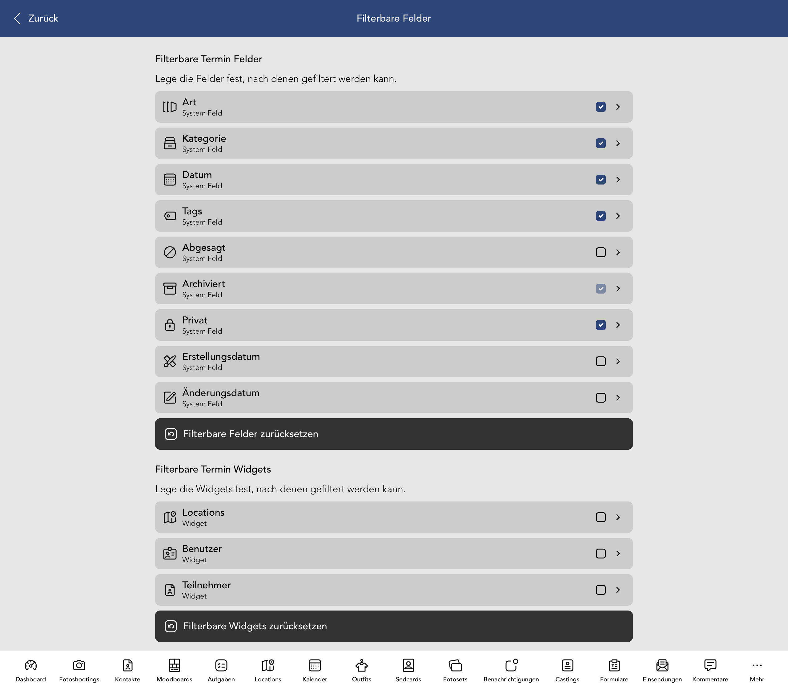 Filterbare Termin Felder und Widgets