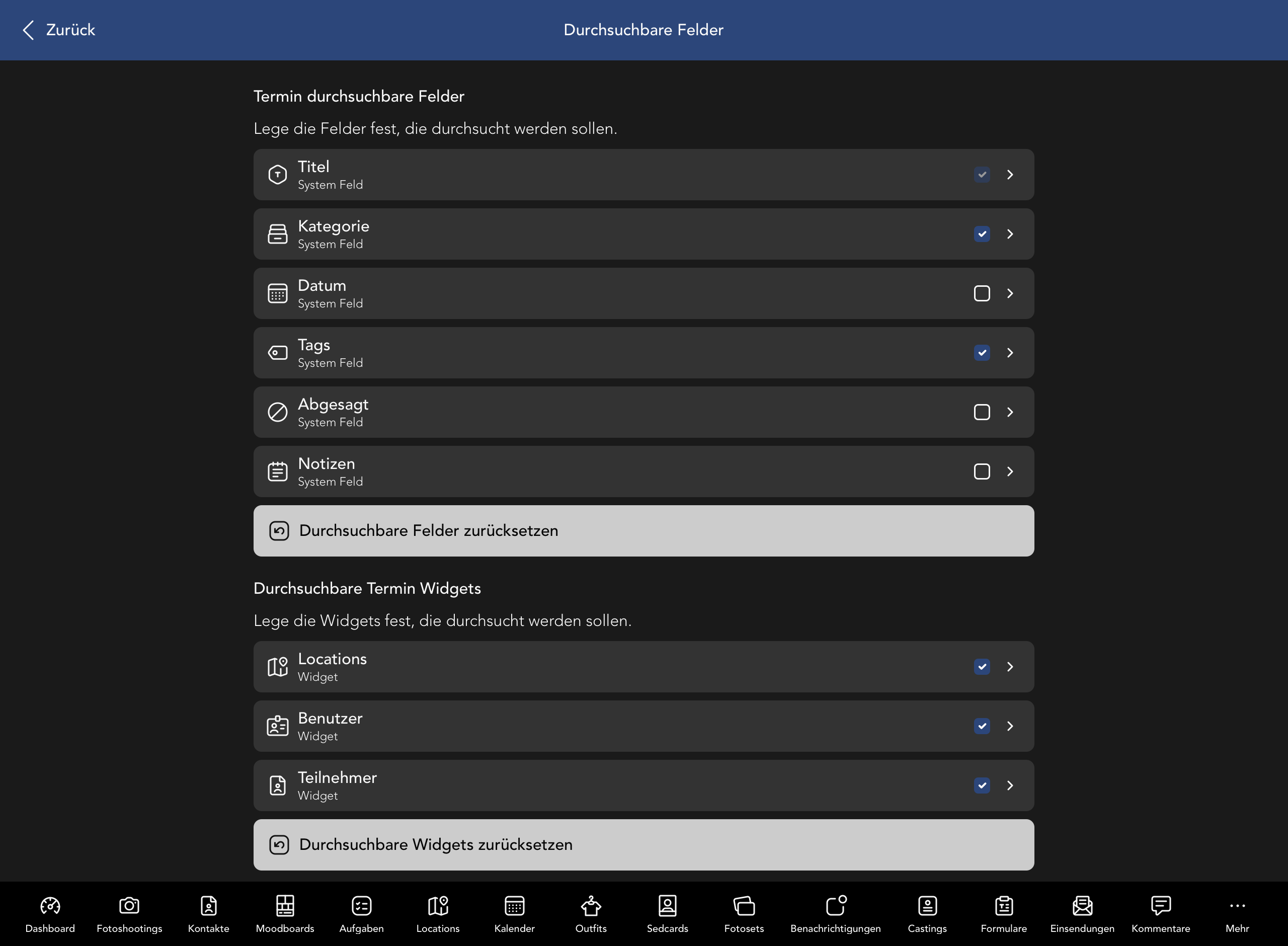 Durchsuchbare Termin Felder und Widgets
