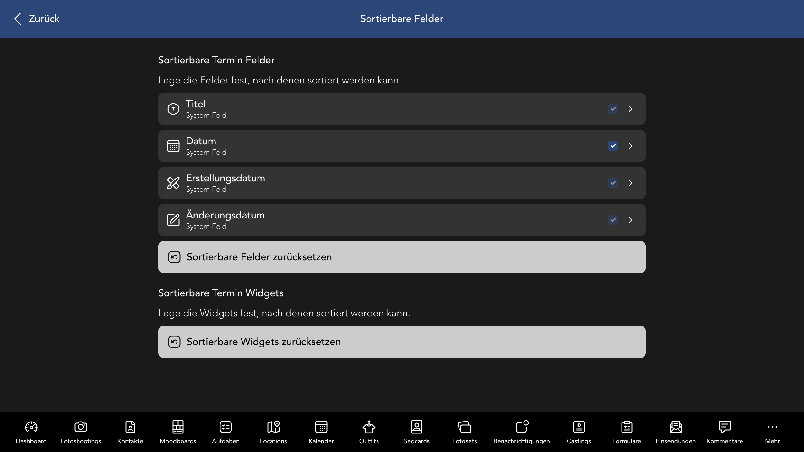 Sortierbare Termin Felder und Widgets