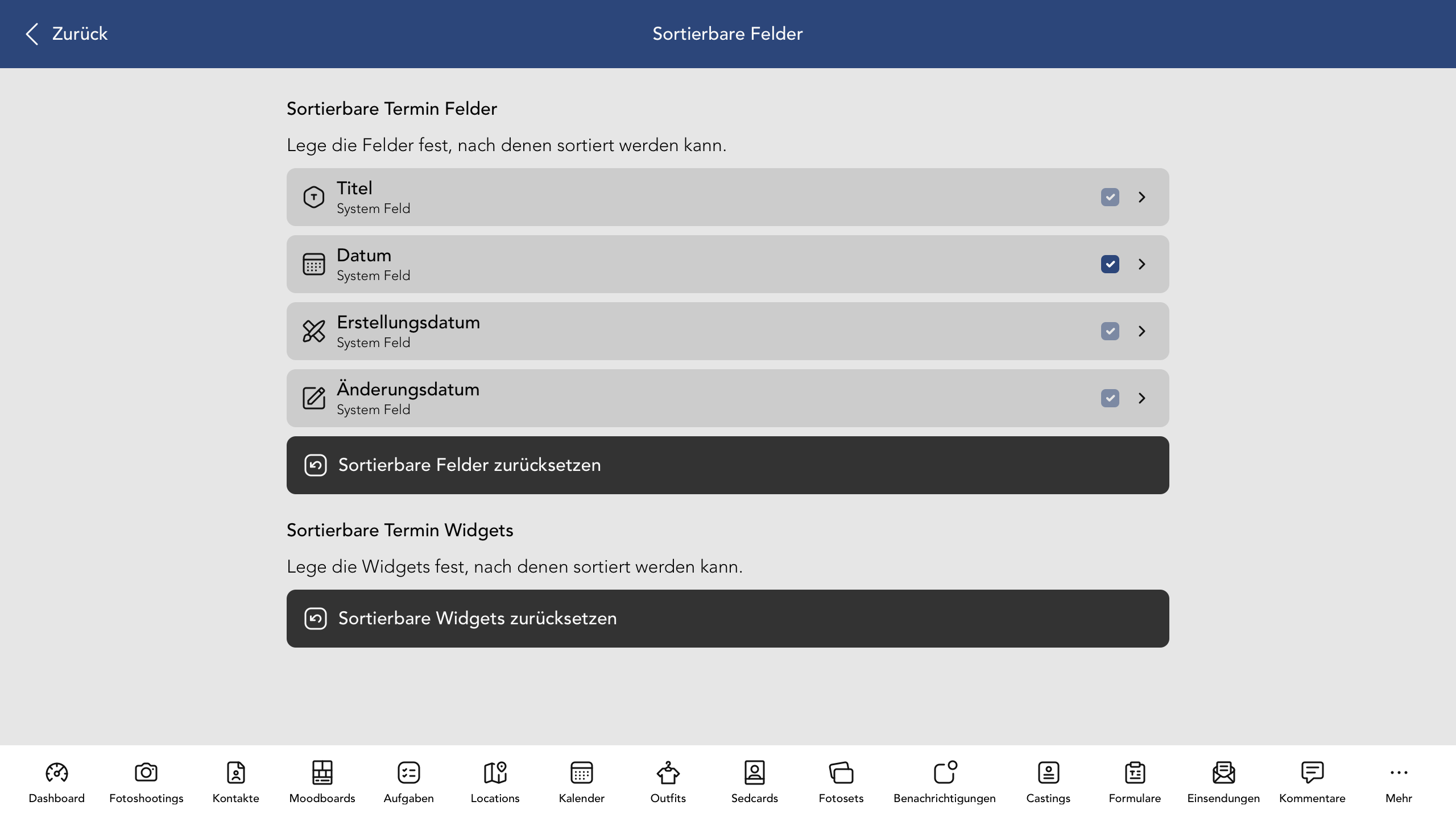 Sortierbare Termin Felder und Widgets