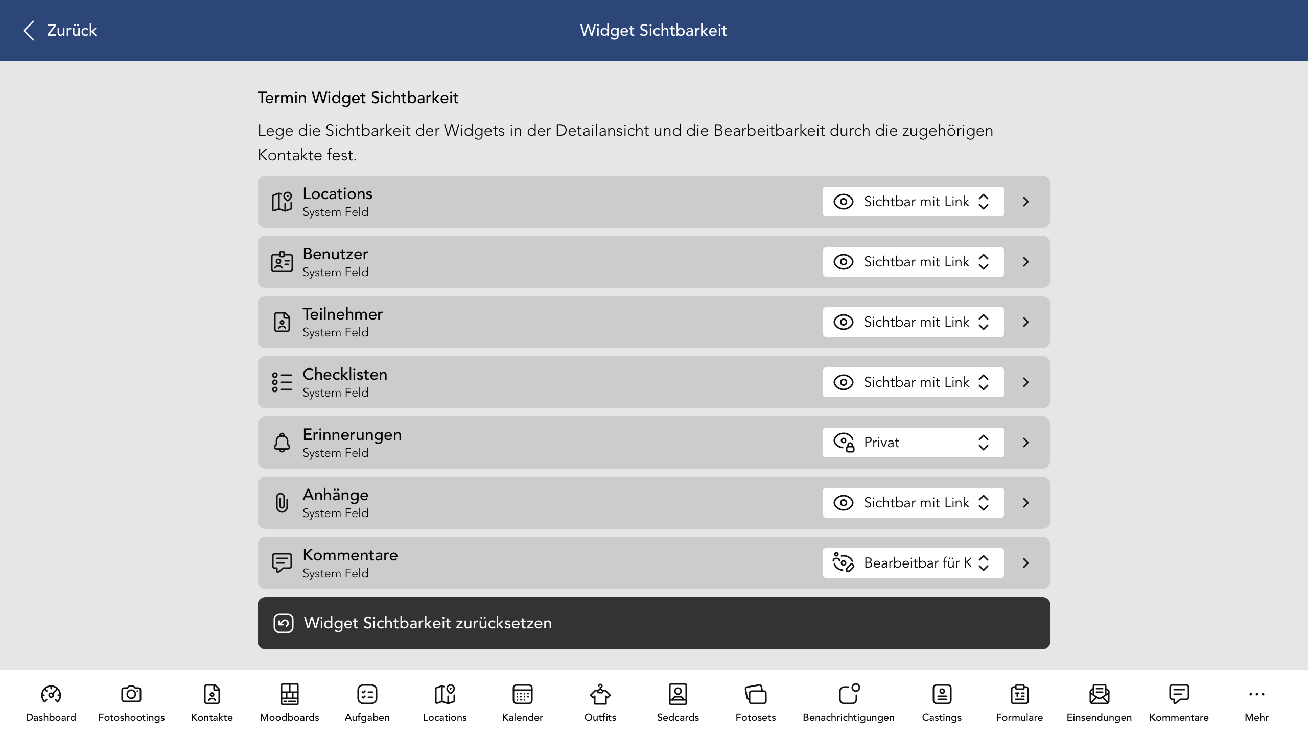 Termin Widget Sichtbarkeit