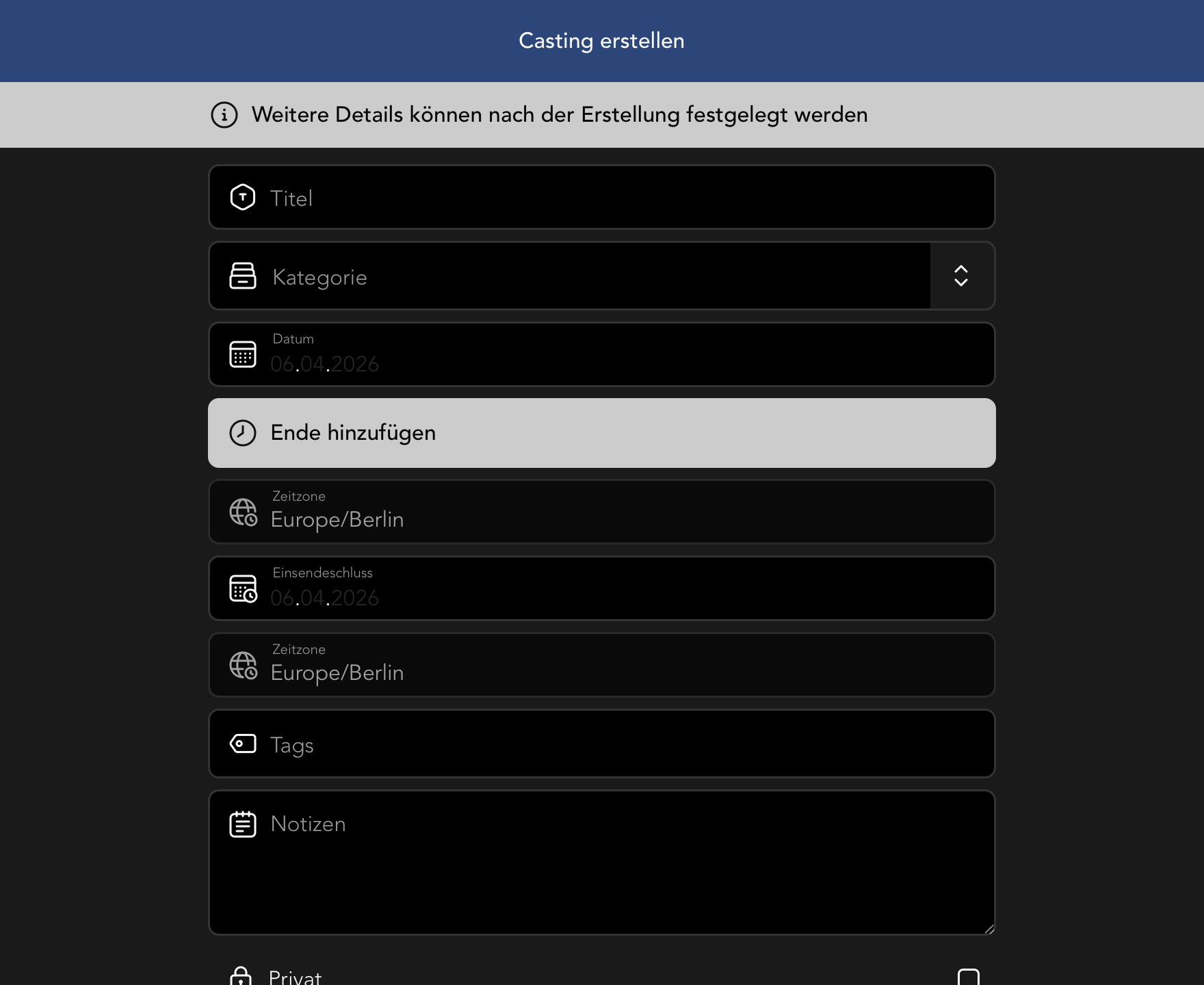 Ansicht zum Erstellen eines neuen Castings