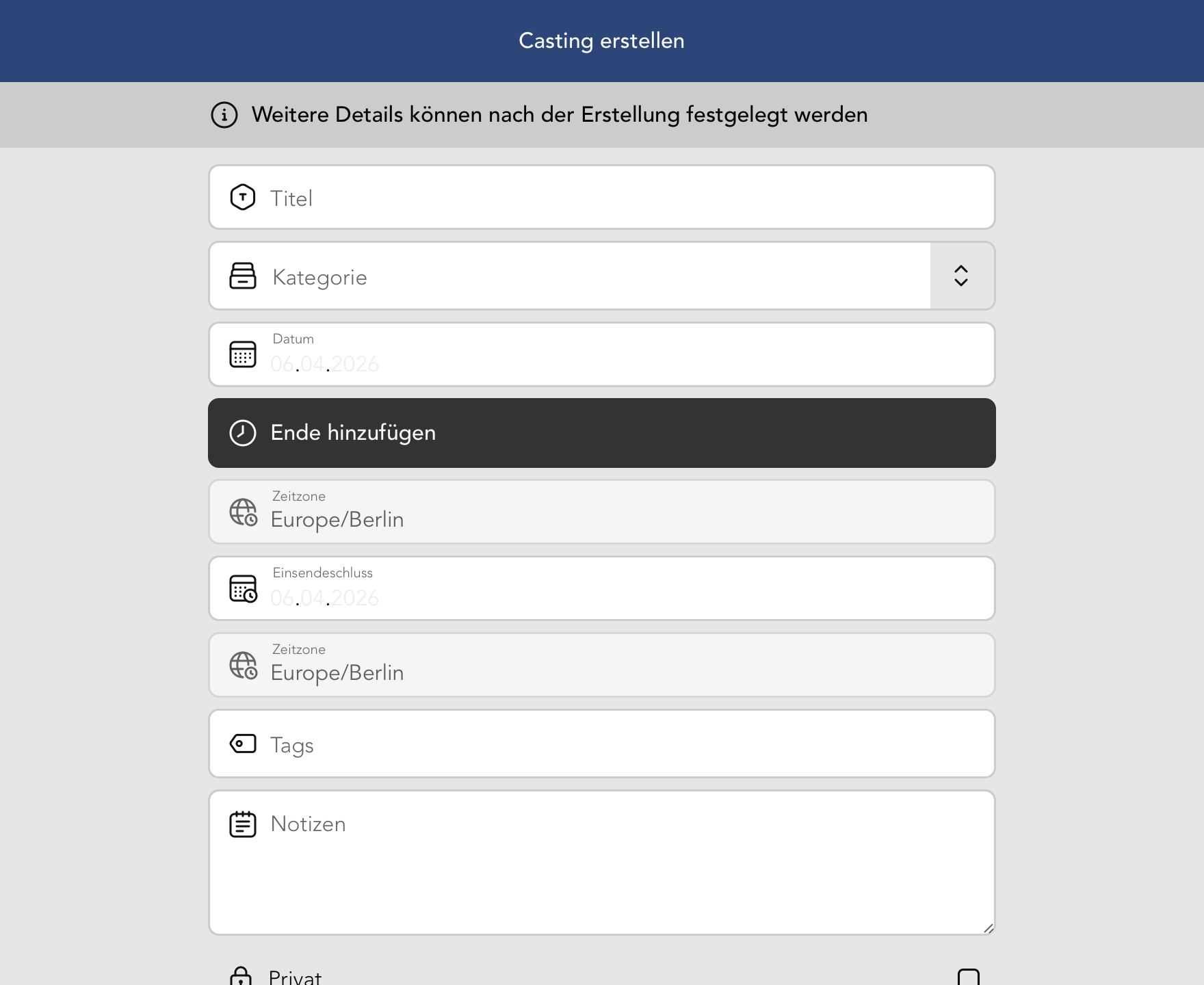 Ansicht zum Erstellen eines neuen Castings