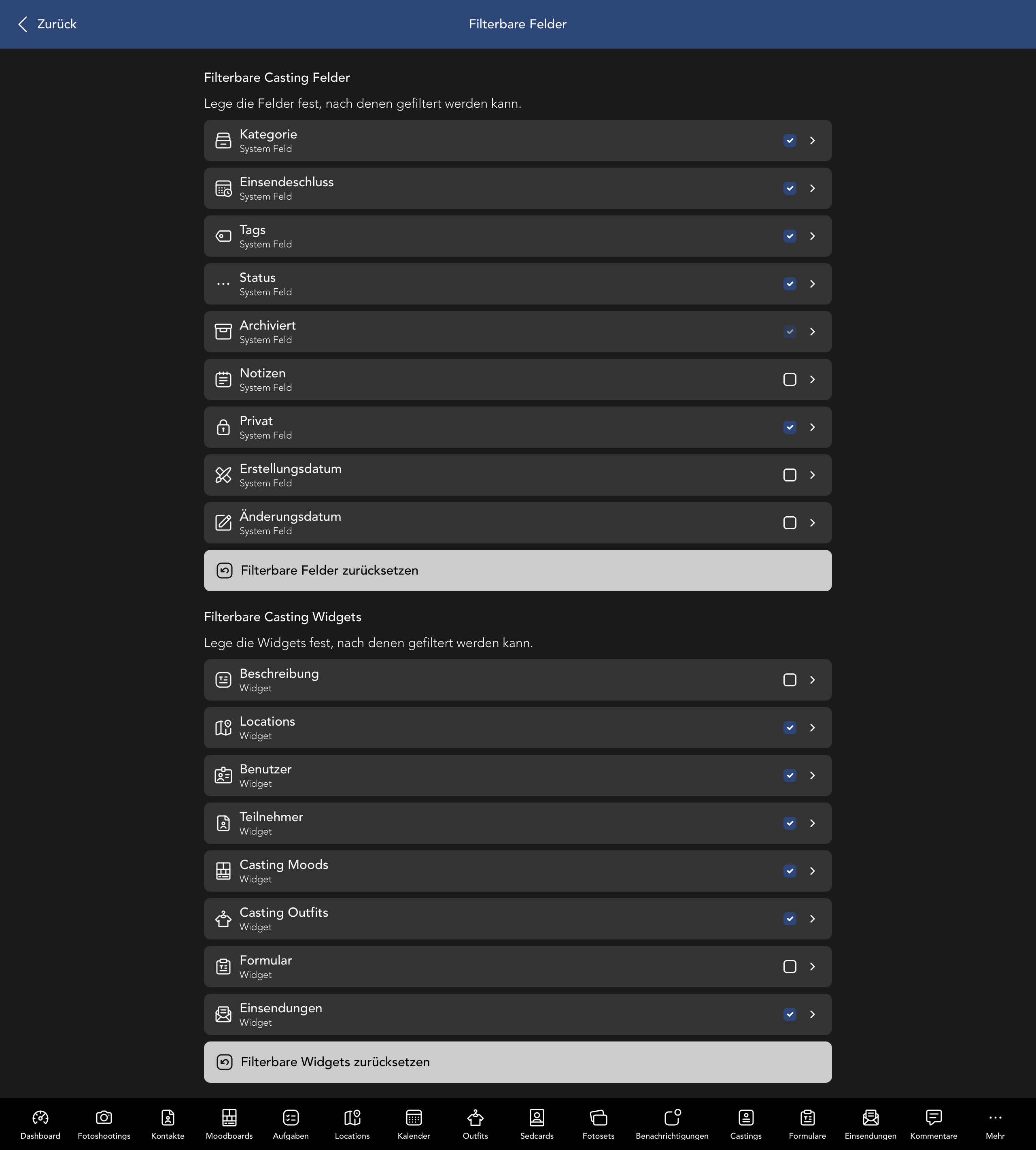 Filterbare Casting Felder und Widgets