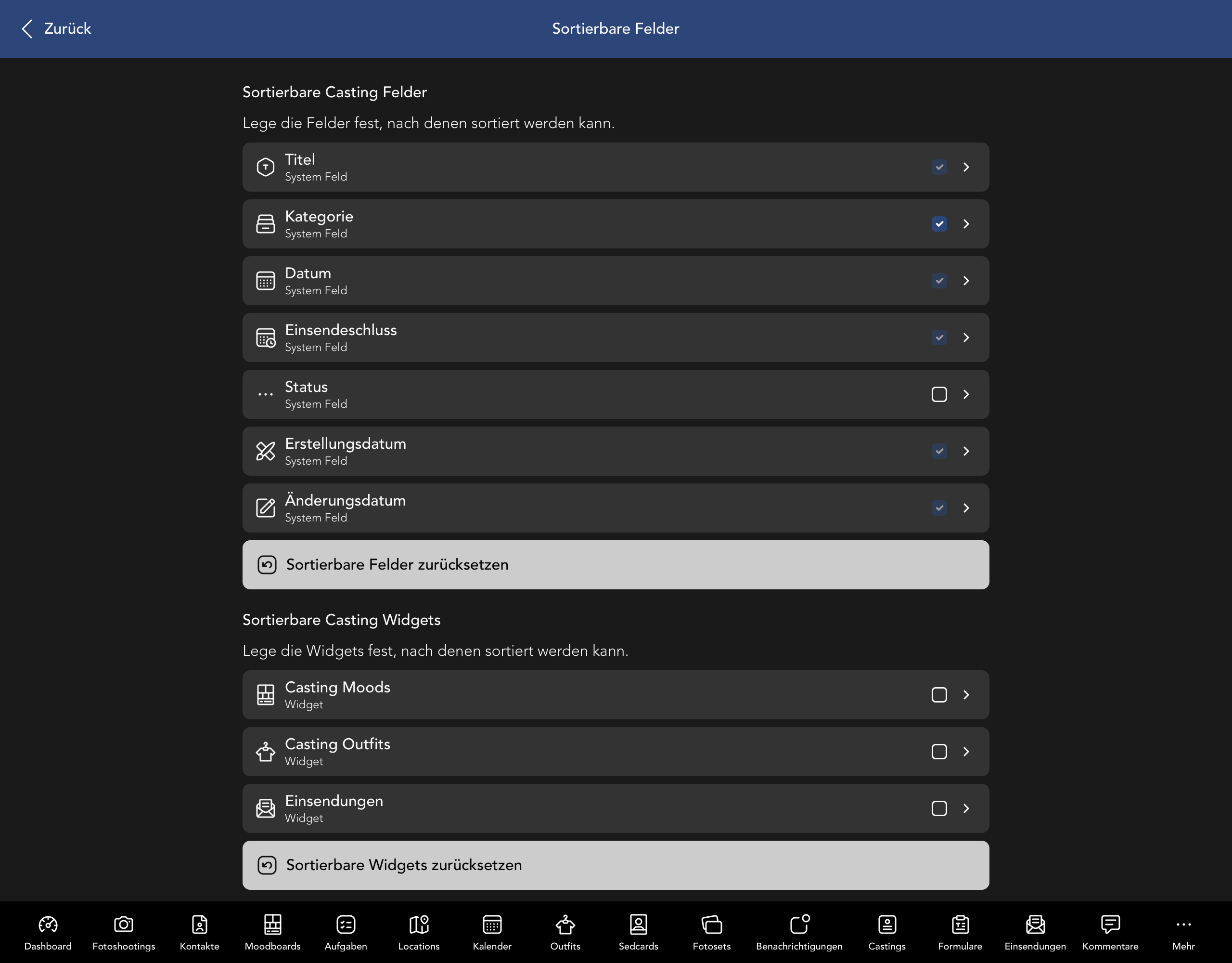 Sortierbare Casting Felder und Widgets