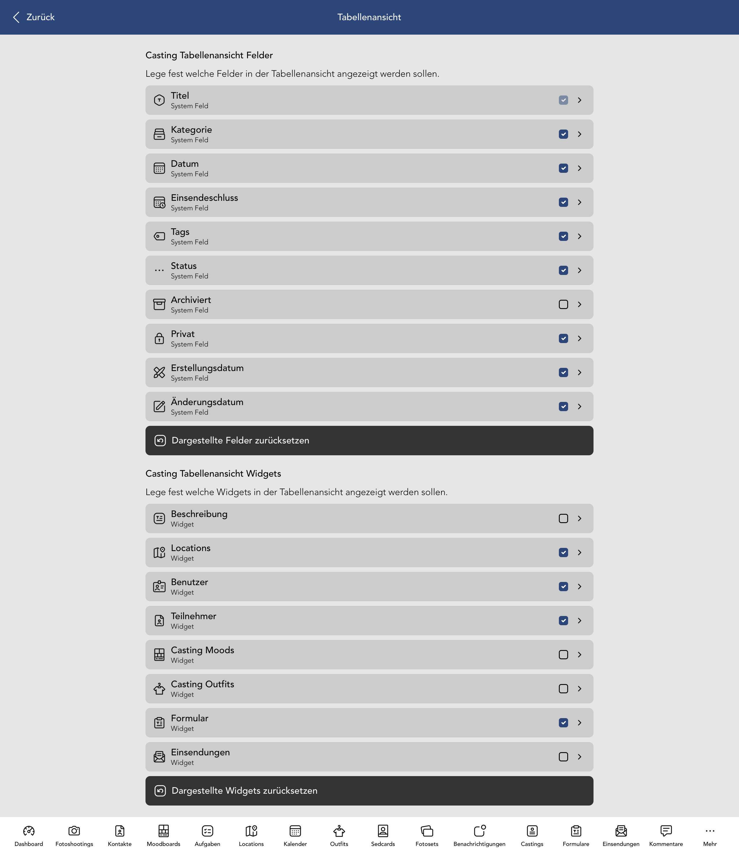 Casting Tabellenansicht Felder und Widgets