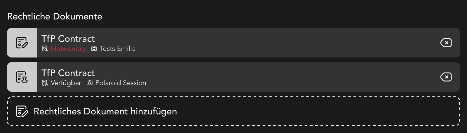 Rechtliche Dokumente Widget in der Kontakt Detailansicht