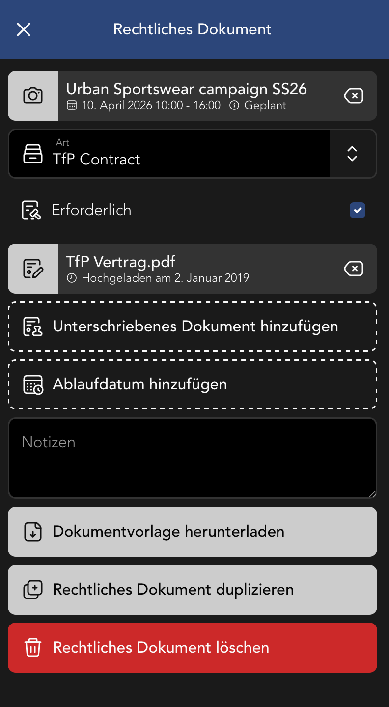 Rechtliche Dokumente Widget Fenster