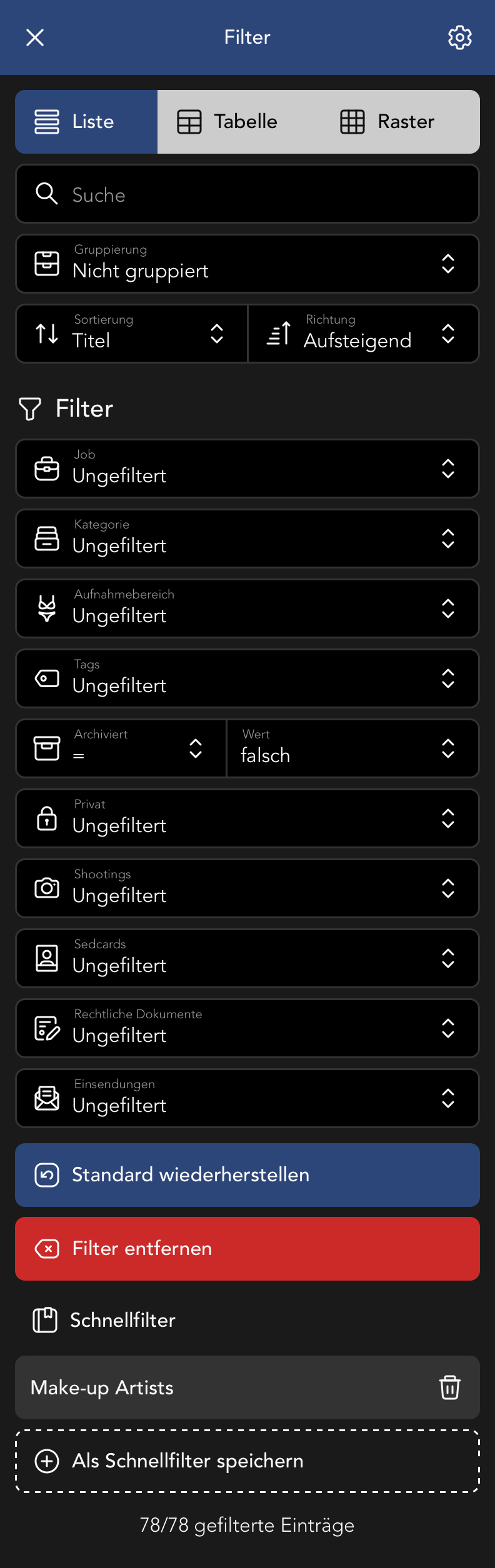 Filter Menu in der Kontakt Übersicht