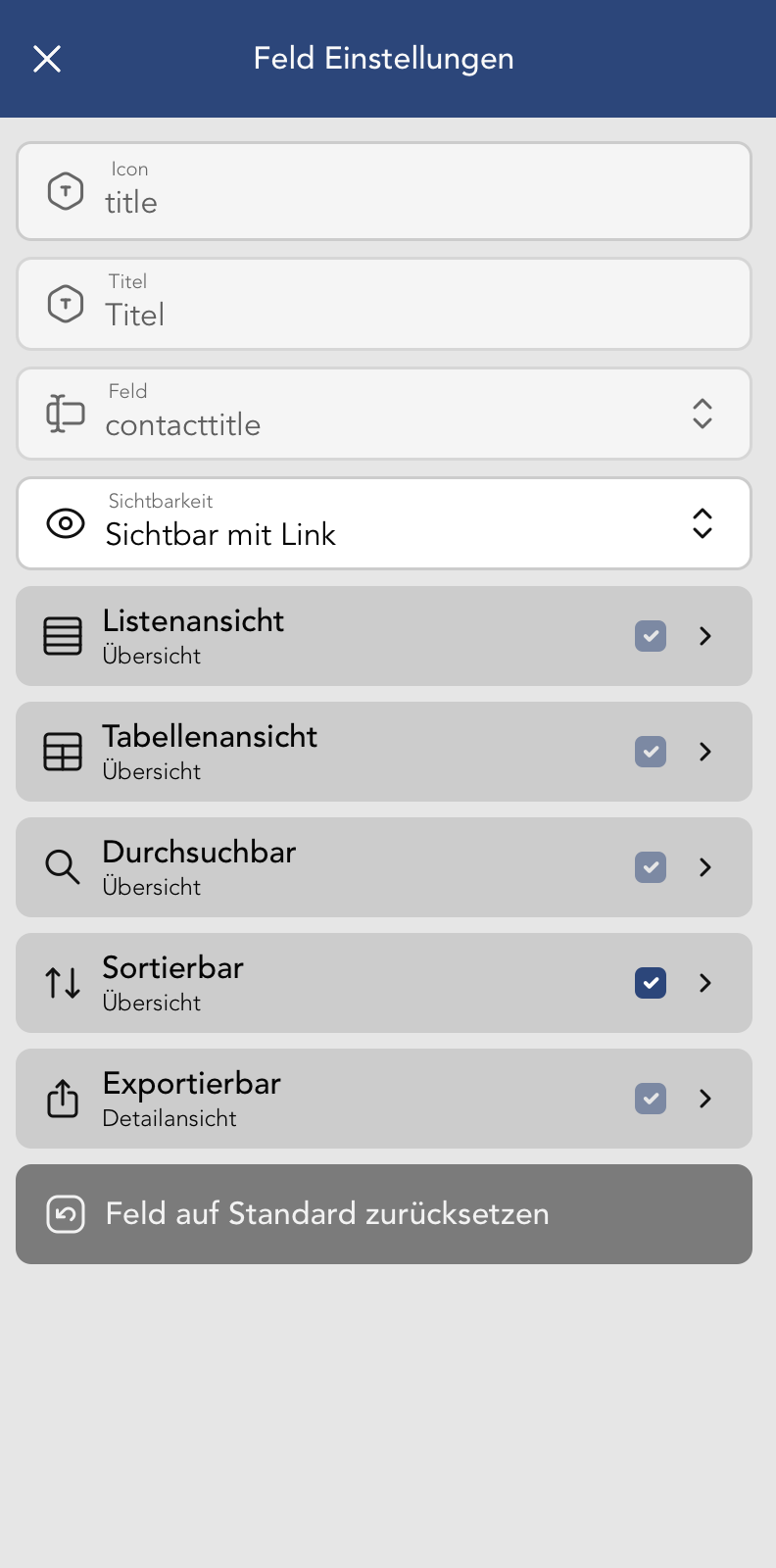 Kontakt Feld Einstellungen