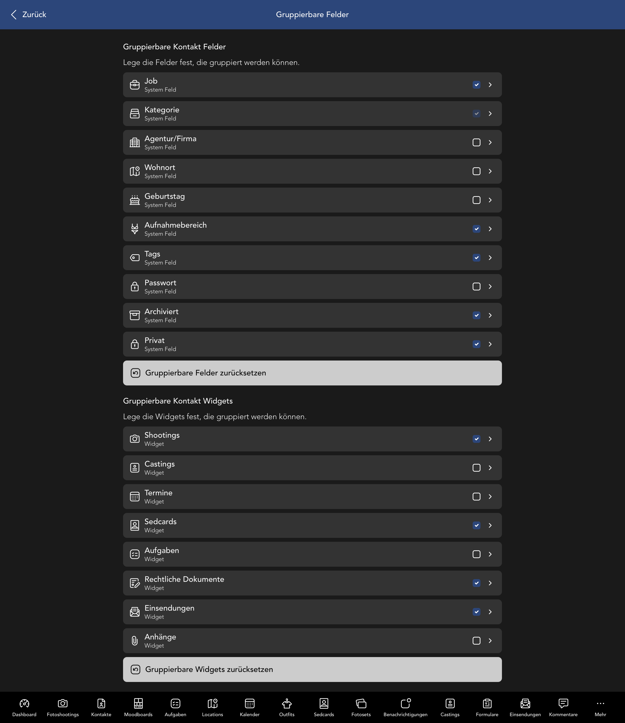 Gruppierbare Kontakt Felder und Widgets