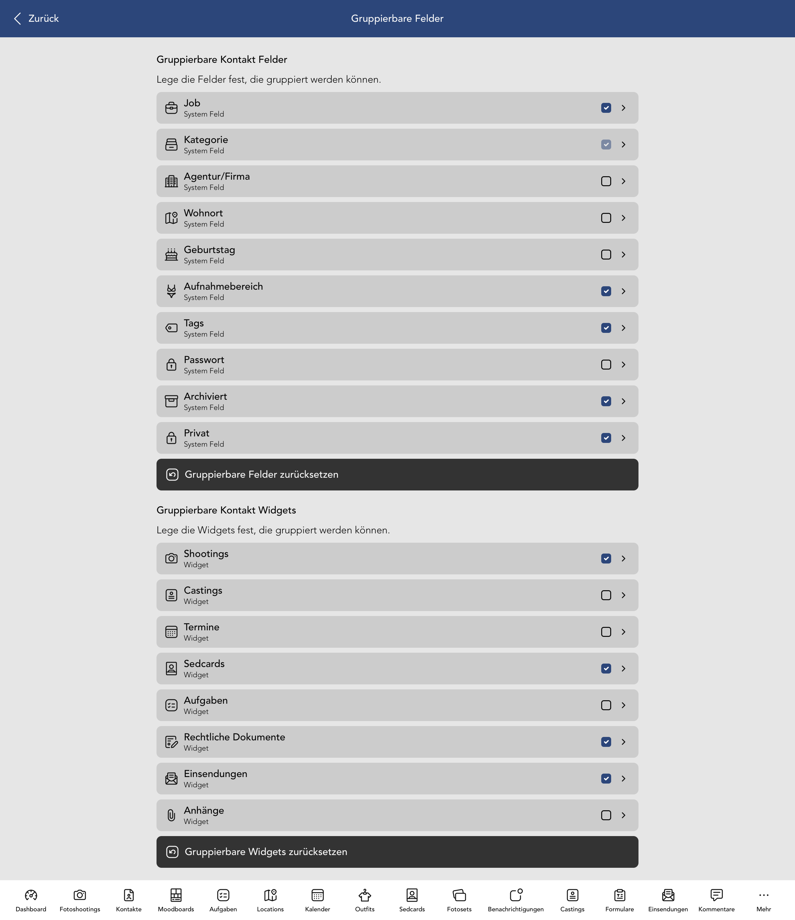 Gruppierbare Kontakt Felder und Widgets