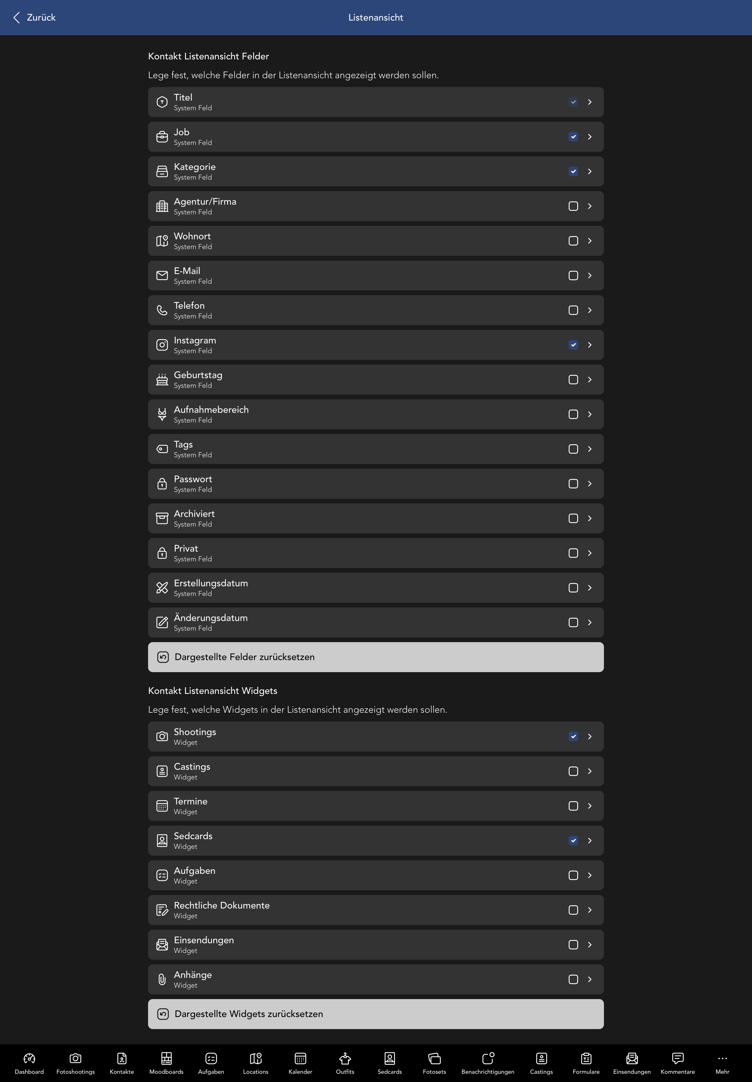 Kontakt Listenansicht Felder und Widgets