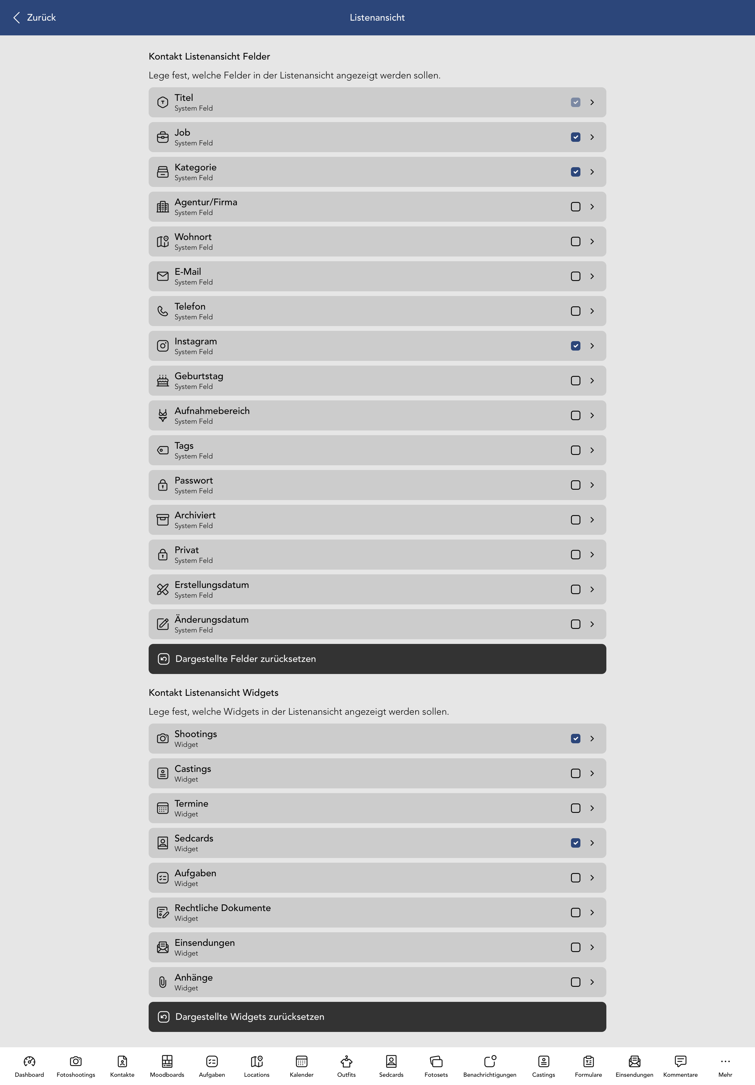 Kontakt Listenansicht Felder und Widgets
