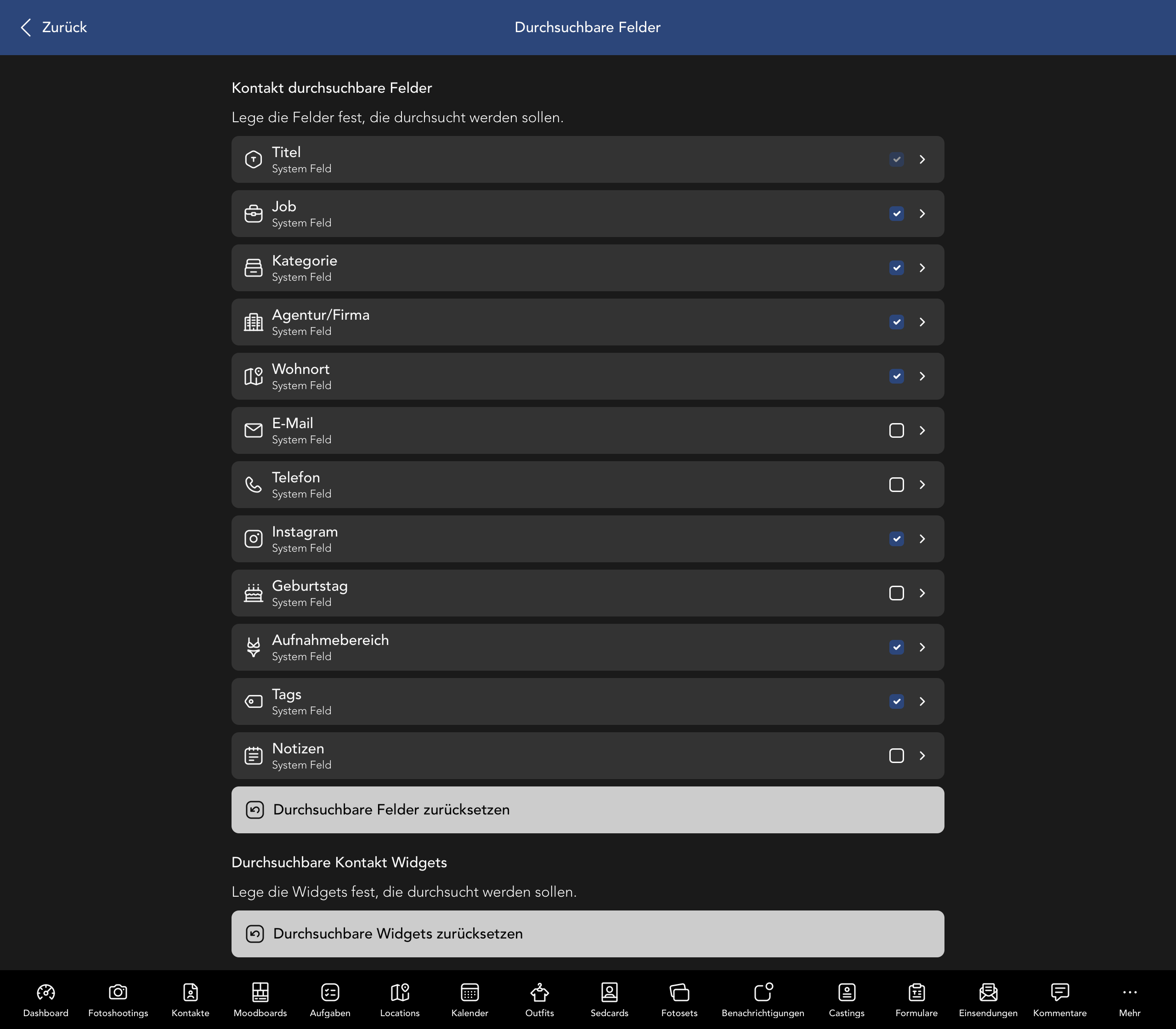 Durchsuchbare Kontakt Felder und Widgets