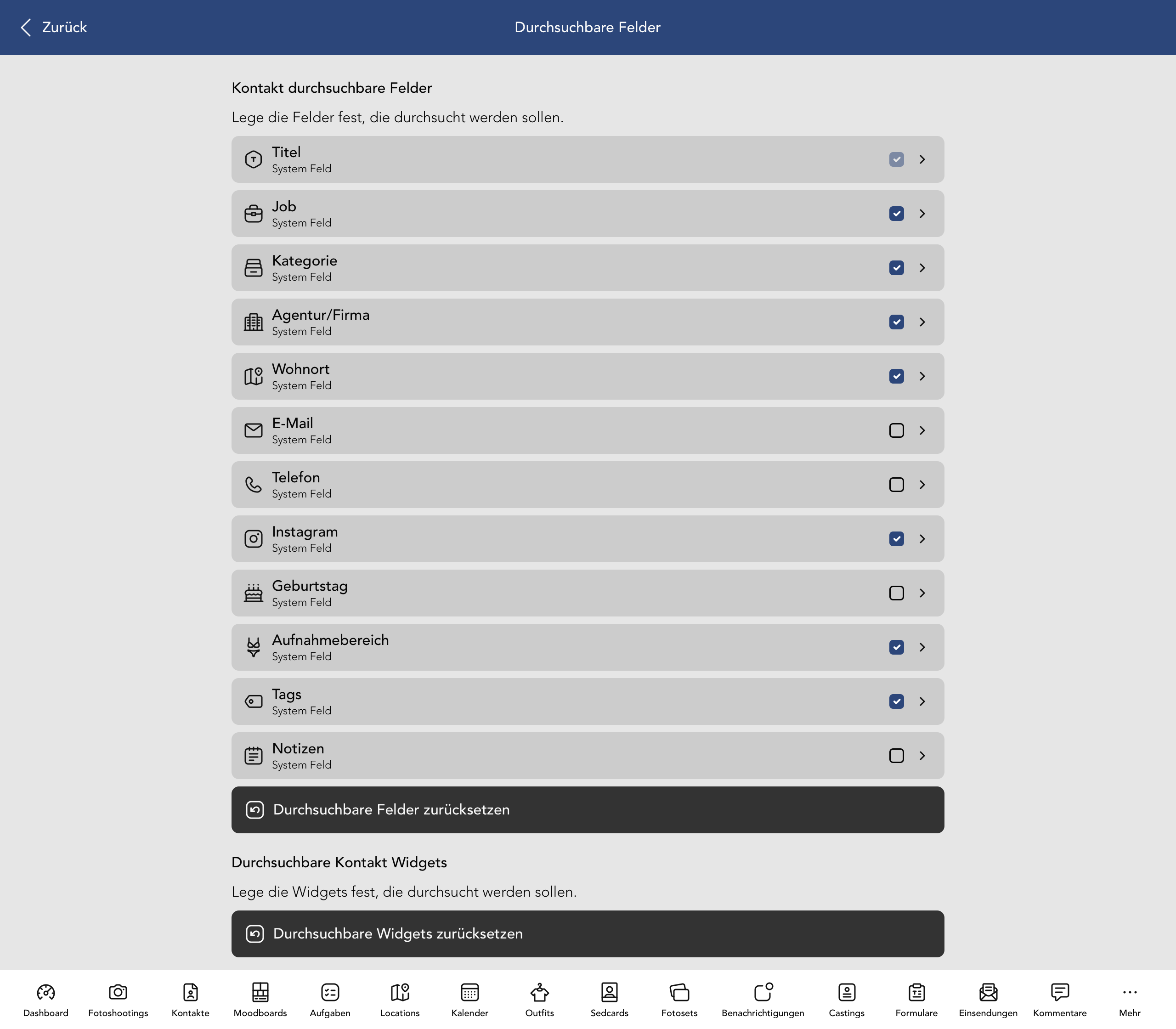 Durchsuchbare Kontakt Felder und Widgets